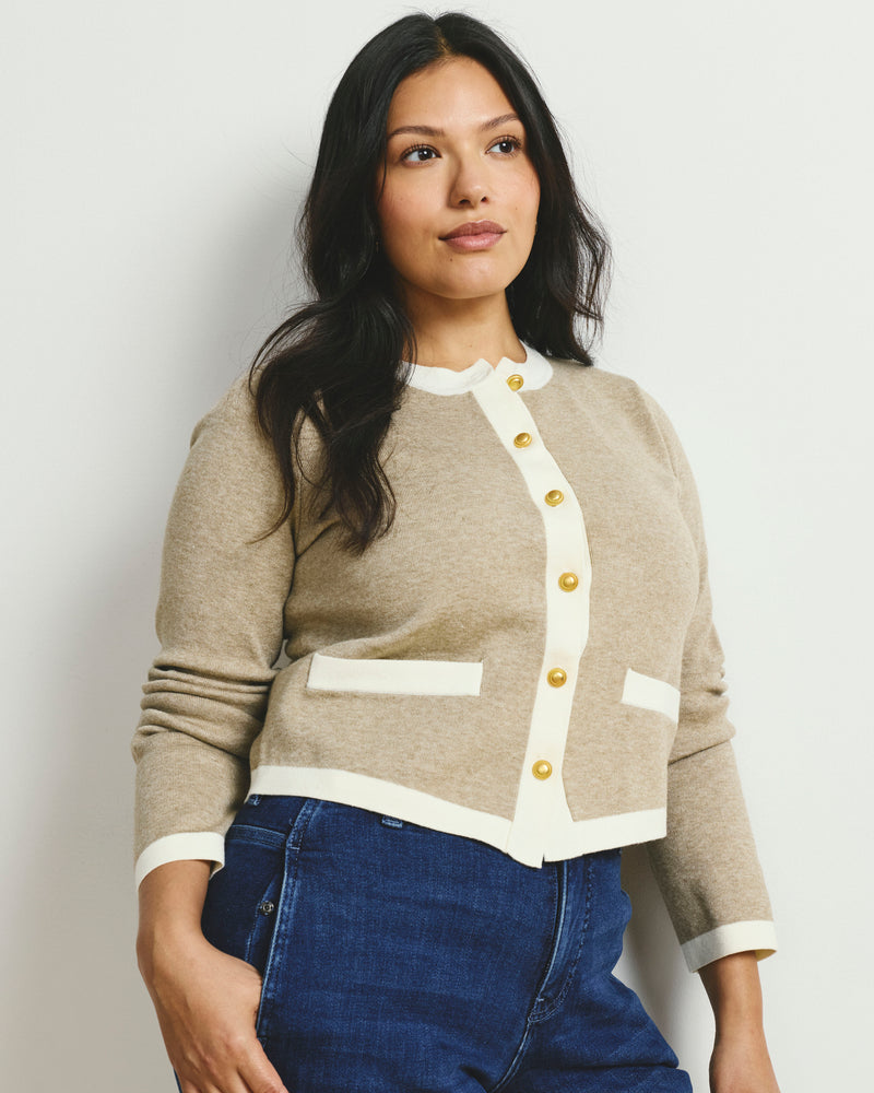 Gabrielle Button-Front Cardigan - Almond Dust/Cream Trim