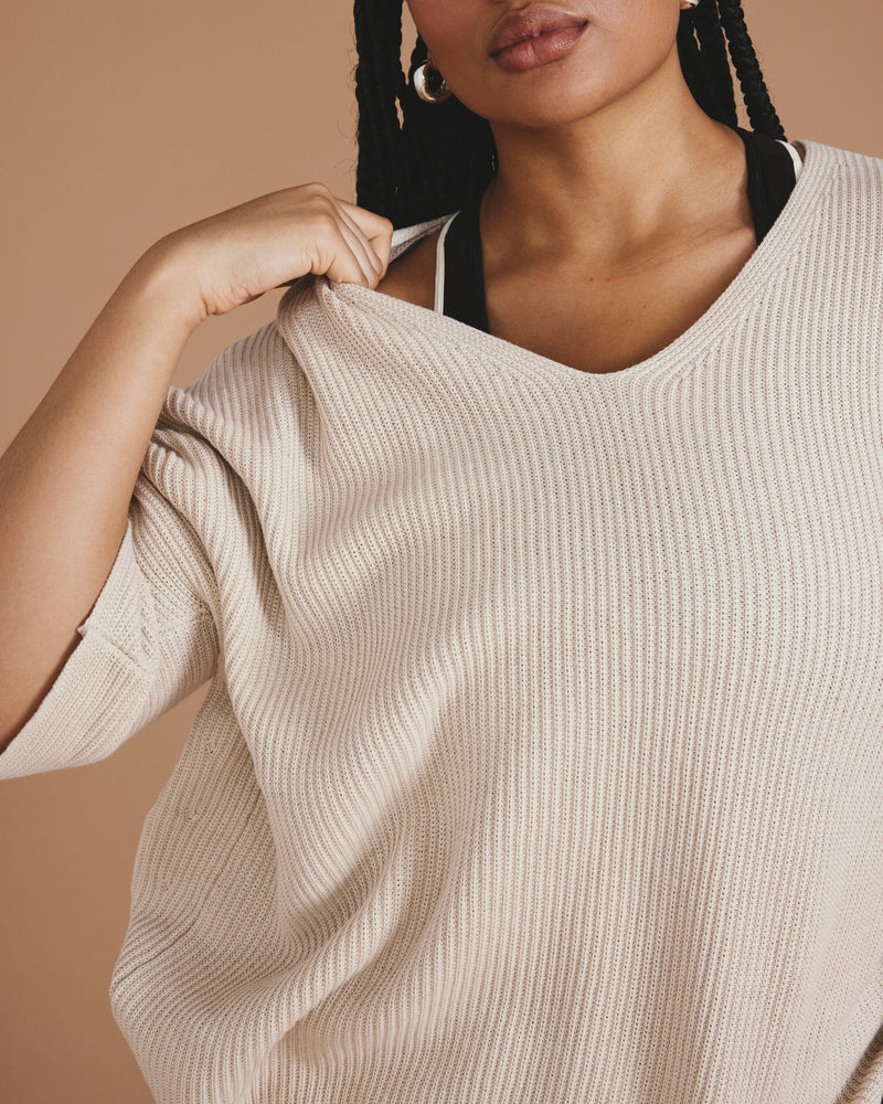 Woman wearing Lotus Sweater - Dove Wing from Universal Standard