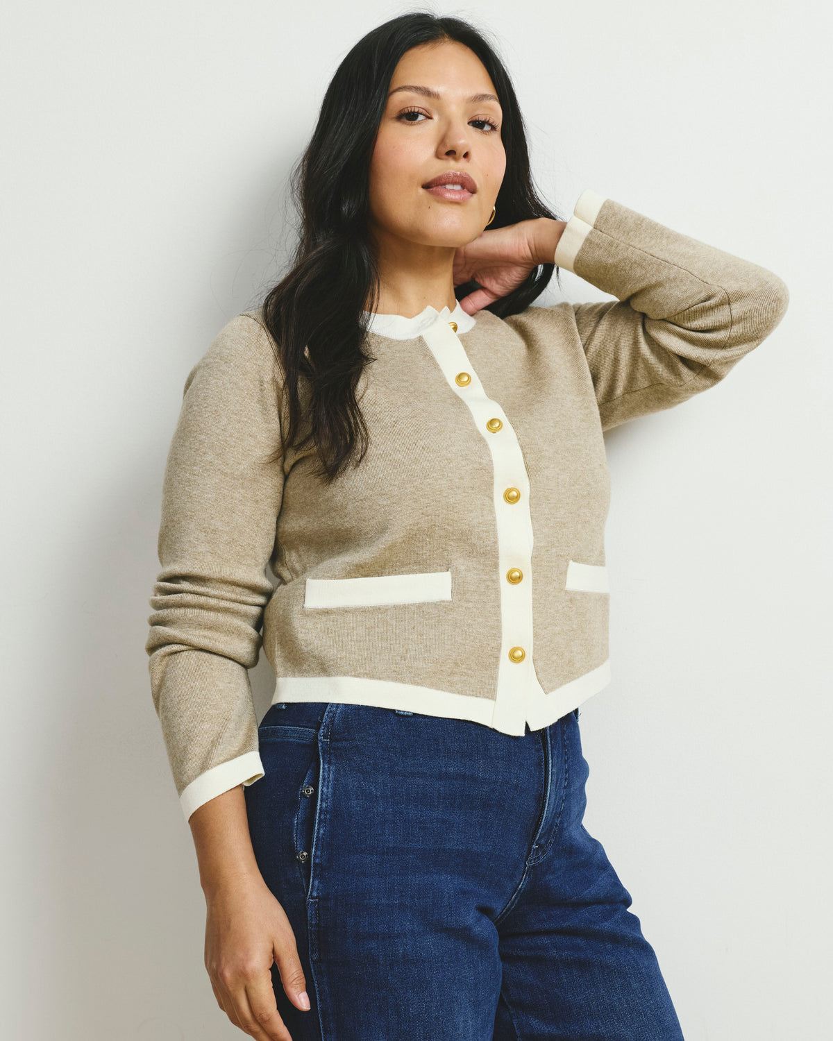 Gabrielle Button-Front Cardigan - Almond Dust/Cream Trim