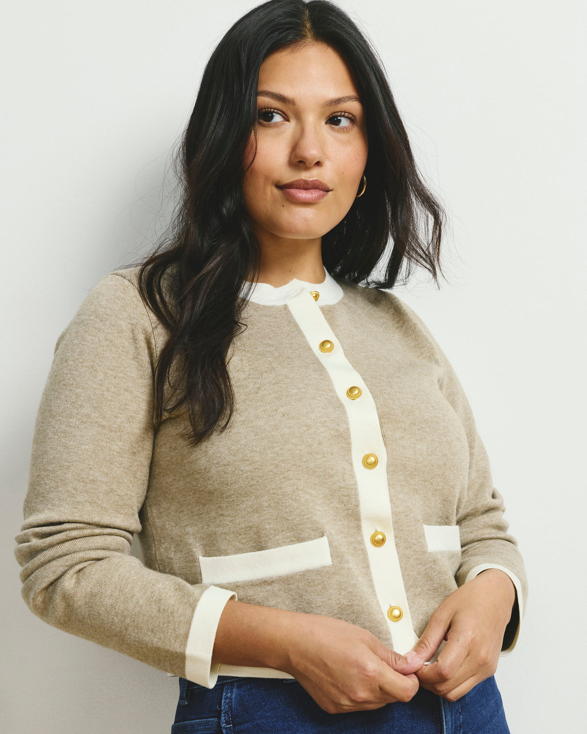 Gabrielle Button-Front Cardigan - Almond Dust/Cream Trim
