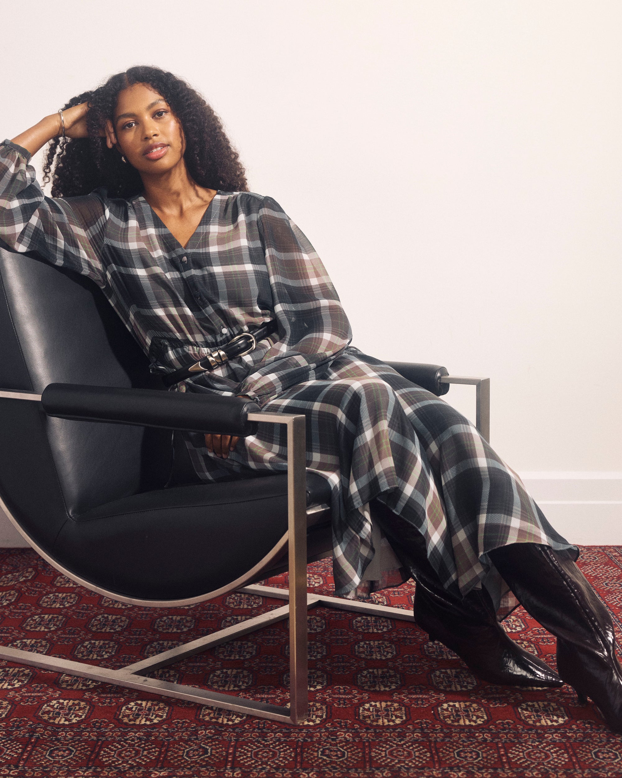 Karina V-Neck Chiffon Dress - Plaid Bourgeois Print