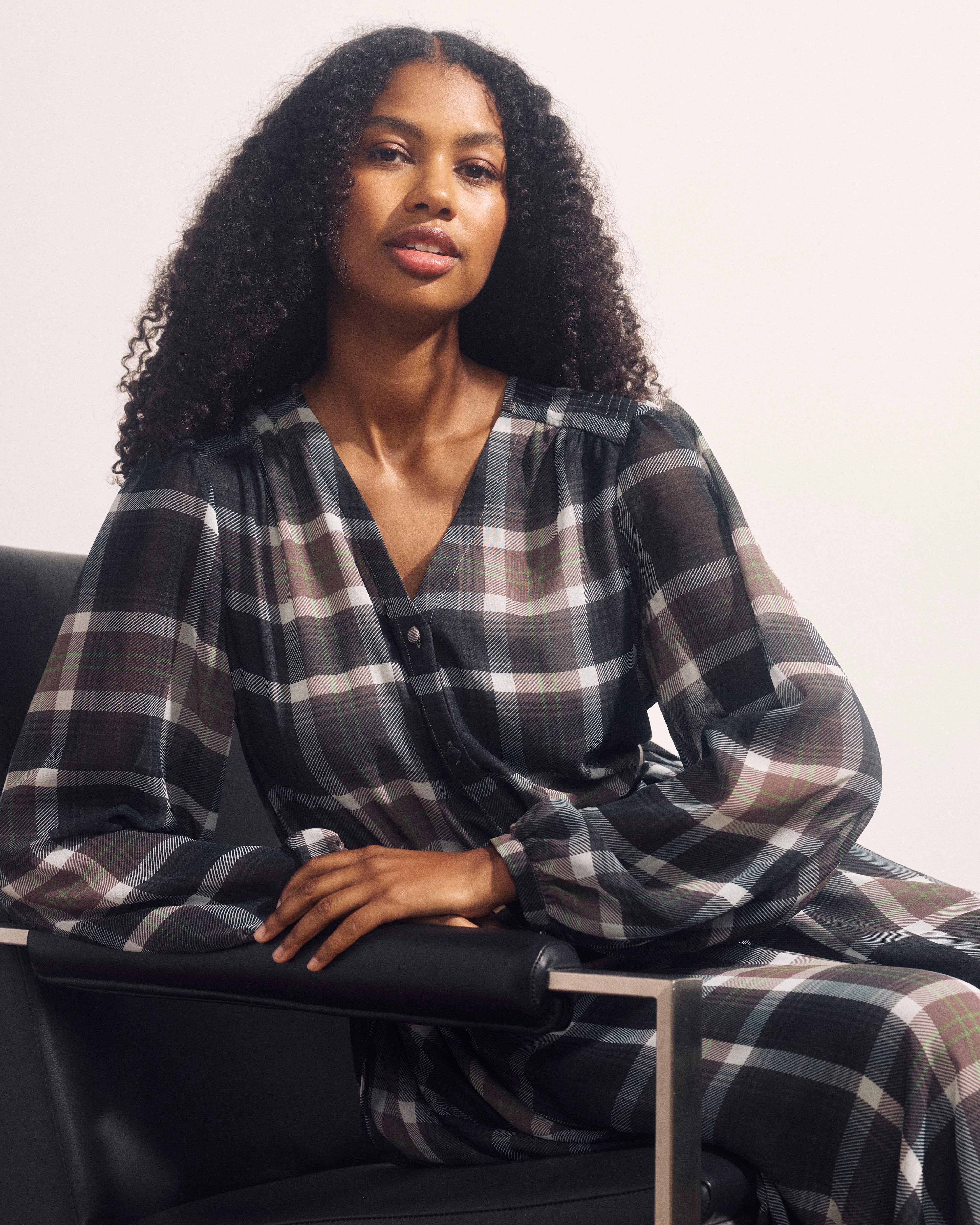 Karina V-Neck Chiffon Dress - Plaid Bourgeois Print – Universal