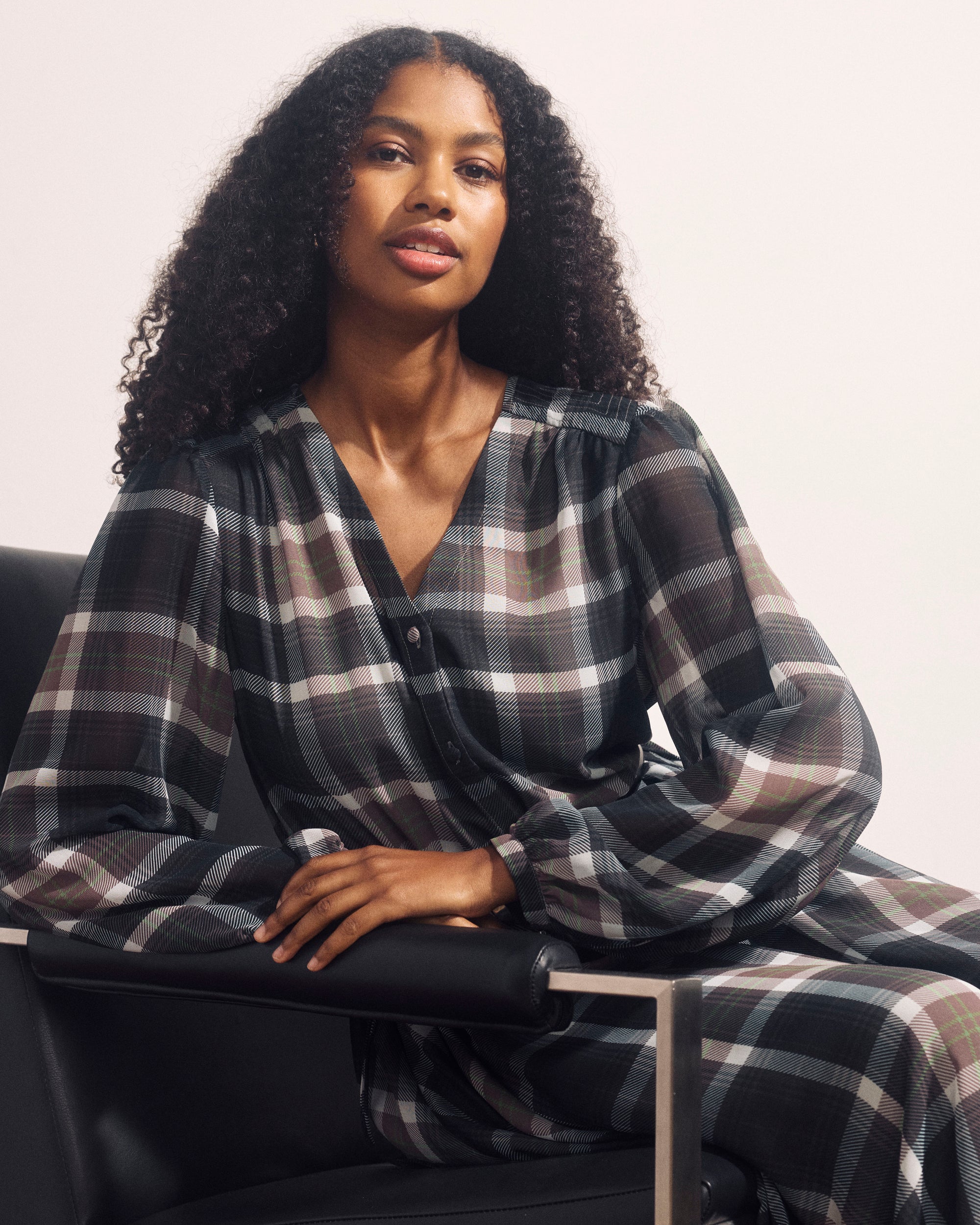 Karina V-Neck Chiffon Dress - Plaid Bourgeois Print