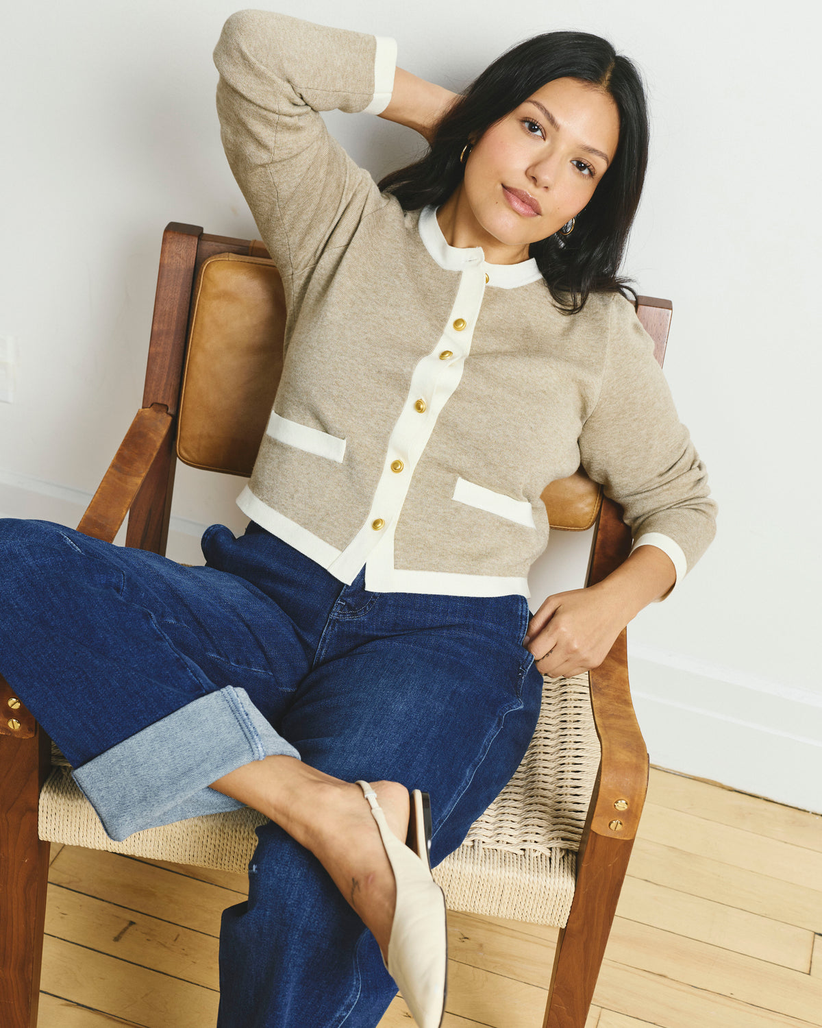Gabrielle Button-Front Cardigan - Almond Dust/Cream Trim