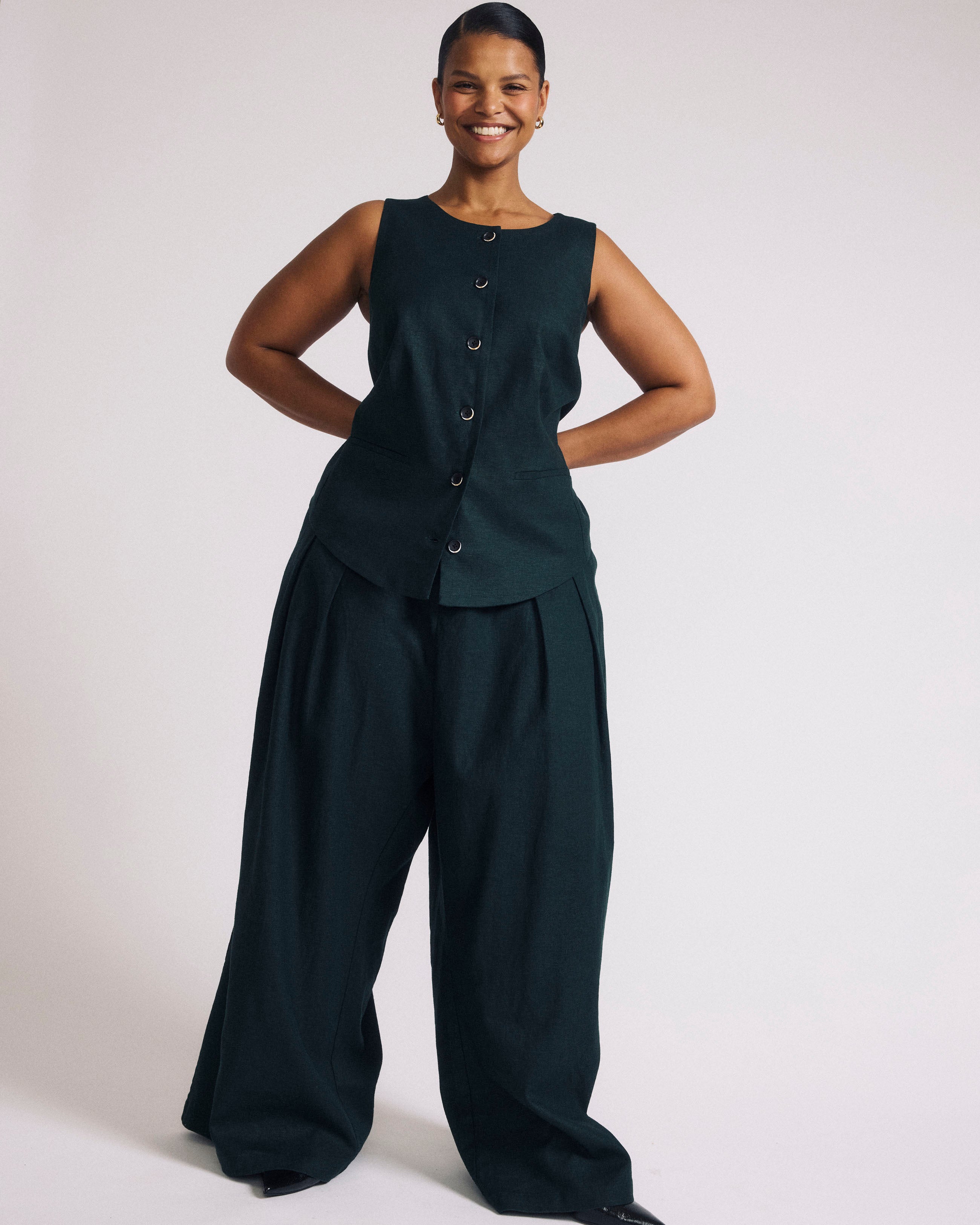 linen × rayon tuck wide slacks Palais Stretch Linen Blend Wide Leg Pant - Forest Green