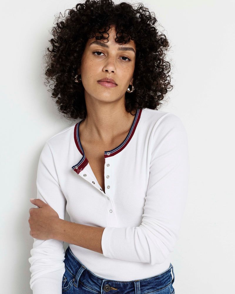 Henley Long Sleeve Ribbed Tee - White/Striped Trim | Plus Size & Straight Size Women's Fashion | Universal Standard