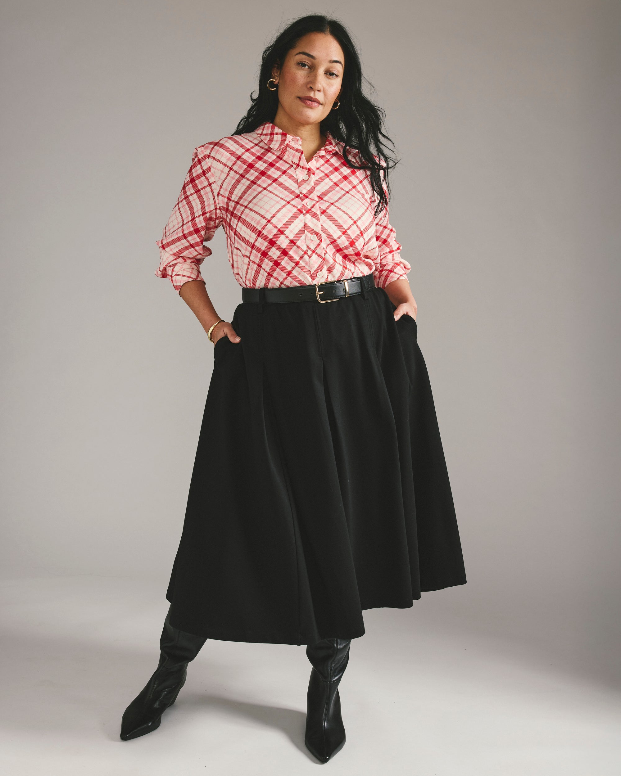 Cooling Stretch Cupro Artist Shirt - Red Plaid Print