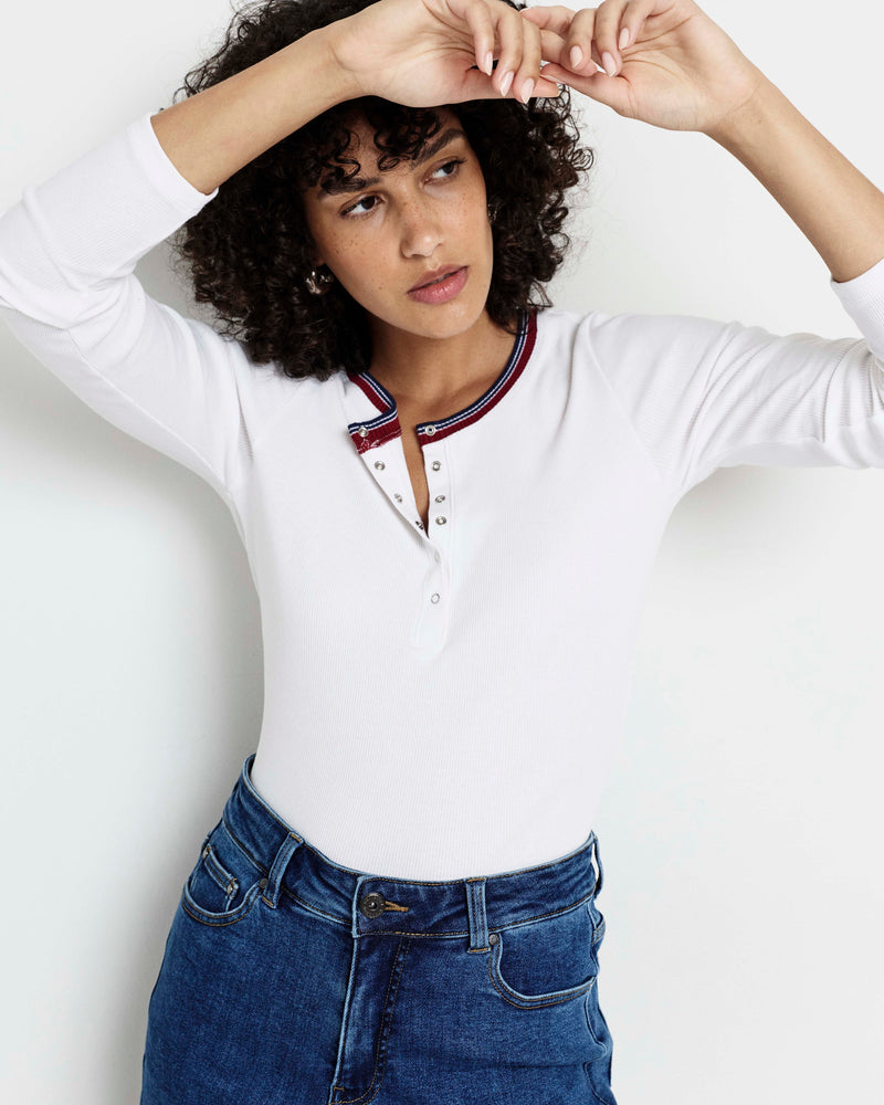 Henley Long Sleeve Ribbed Tee - White/Striped Trim | Plus Size & Straight Size Women's Fashion | Universal Standard