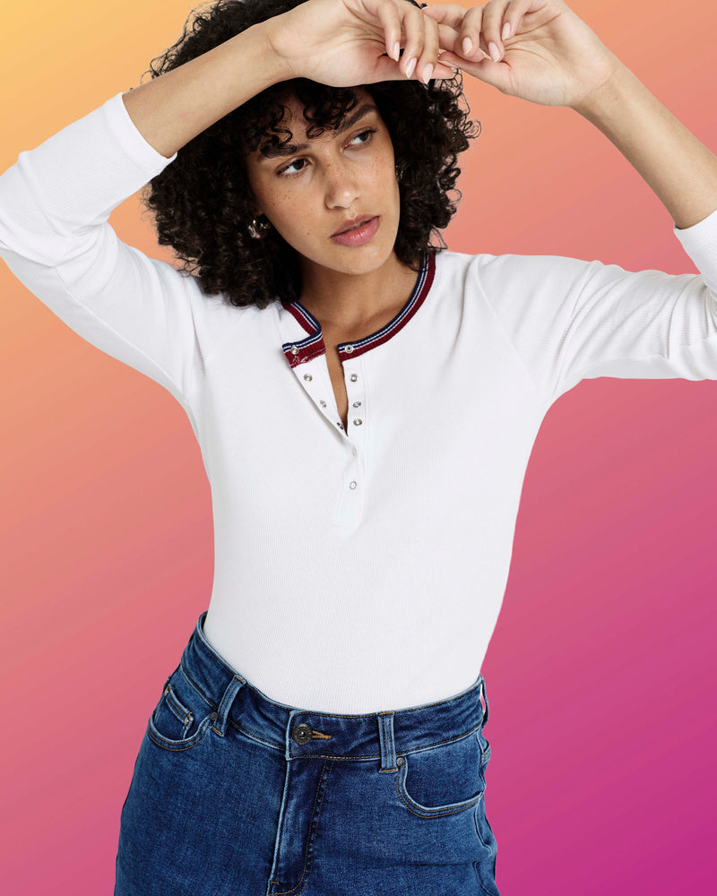 Henley Long Sleeve Ribbed Tee - White/Striped Trim | Plus Size & Straight Size Women's Fashion | Universal Standard