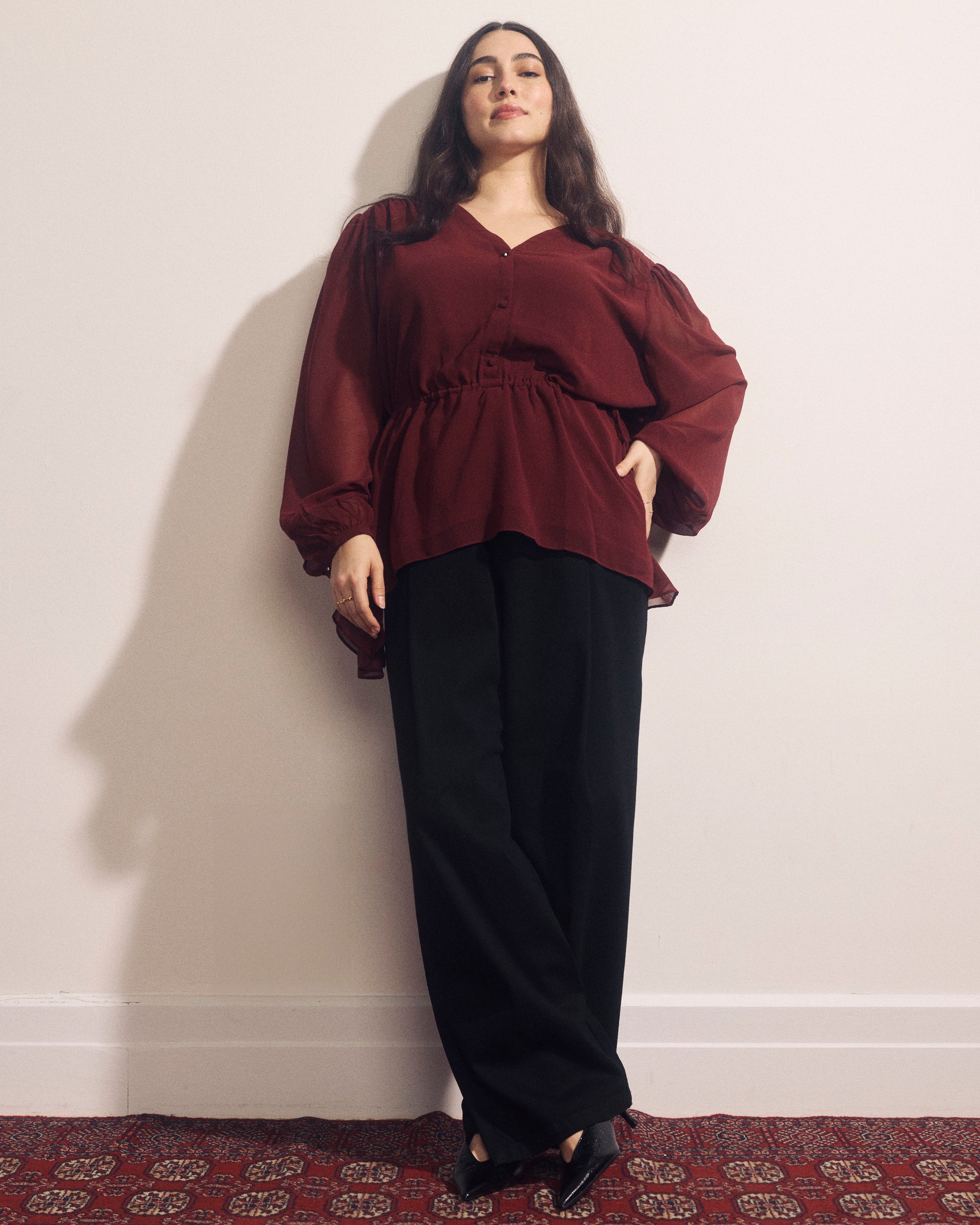 Karina V-Neck Chiffon Blouse - Deep Red