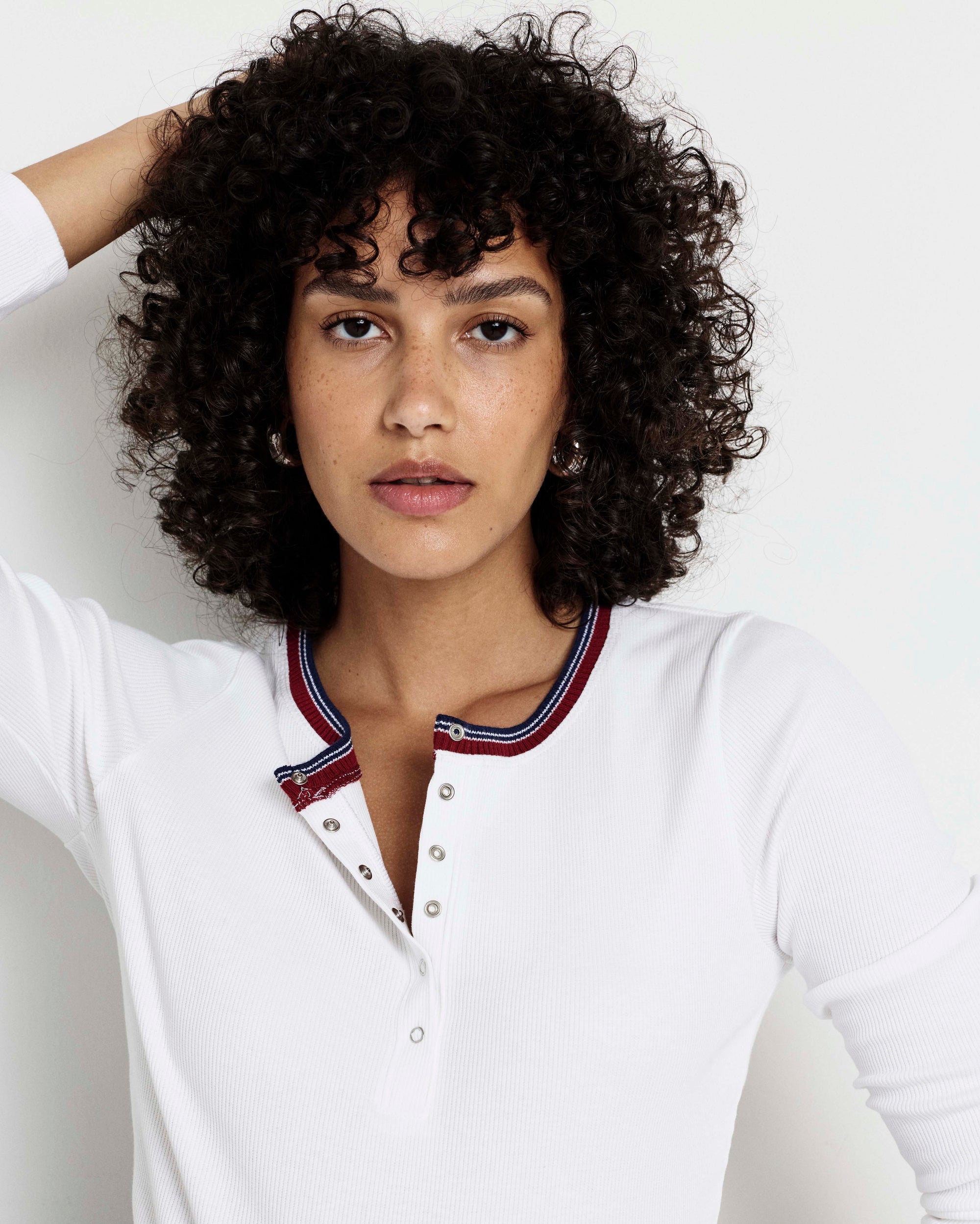 Henley Long Sleeve Ribbed Tee - White/Striped Trim | Plus Size & Straight Size Women's Fashion | Universal Standard