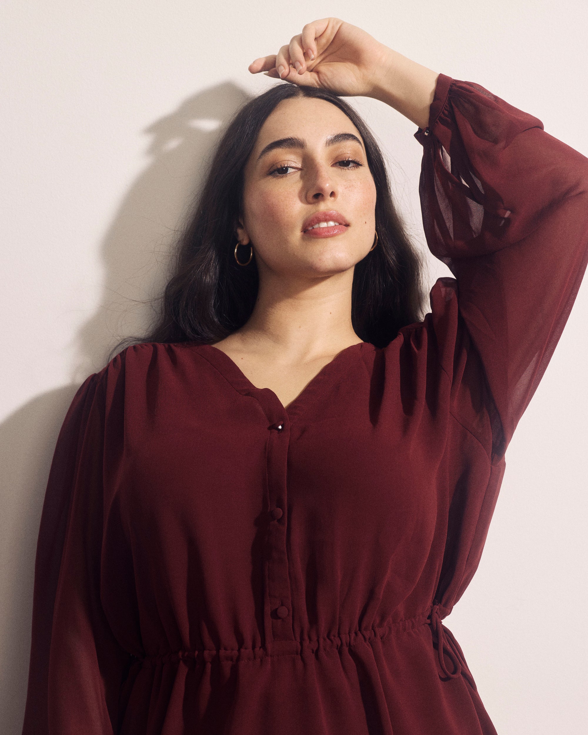 Karina V-Neck Chiffon Blouse - Deep Red