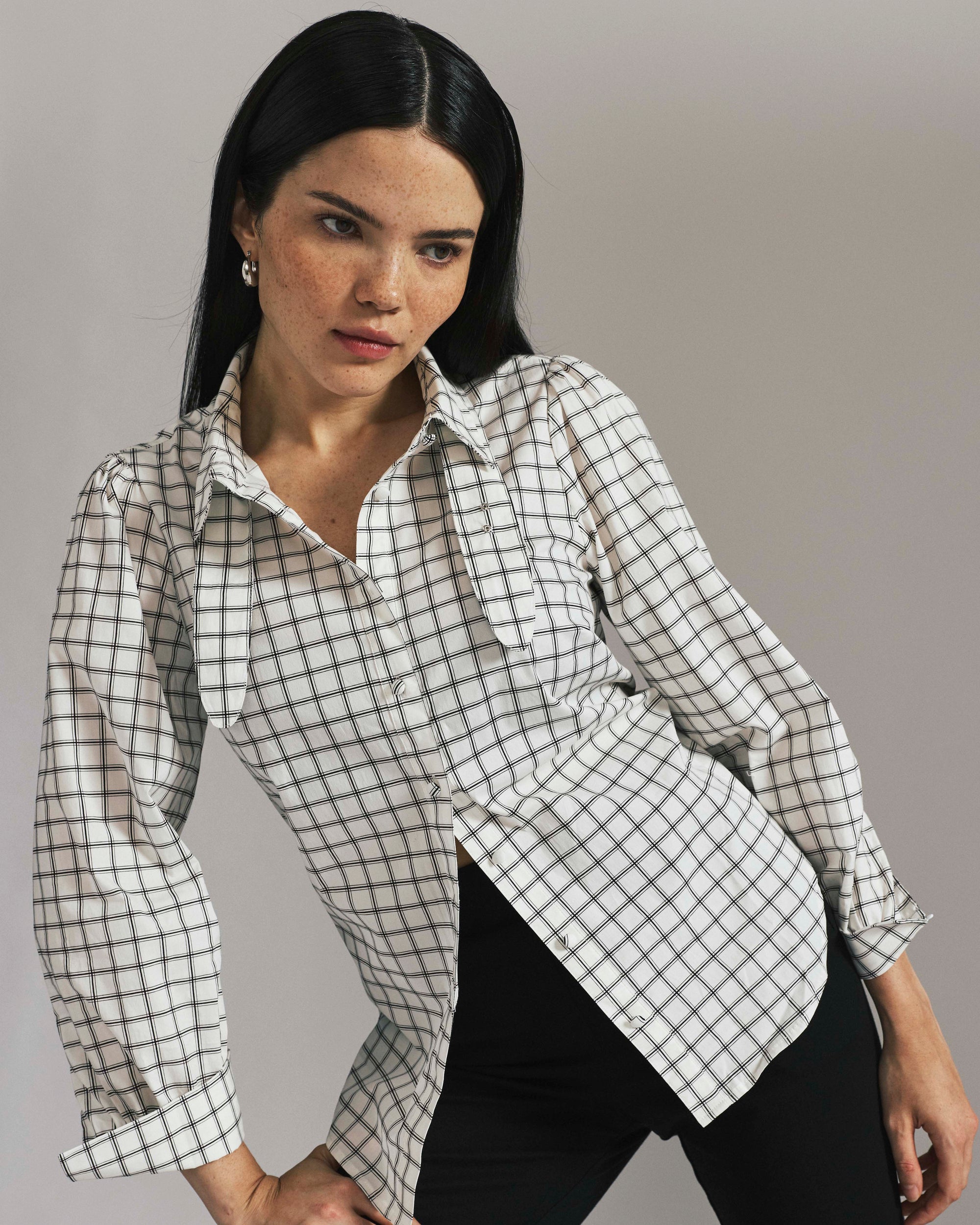 Janet Tie-Neck Cotton Poplin Shirt - White Windowpane Check | Plus Size & Straight Size Women's Fashion | Universal Standard