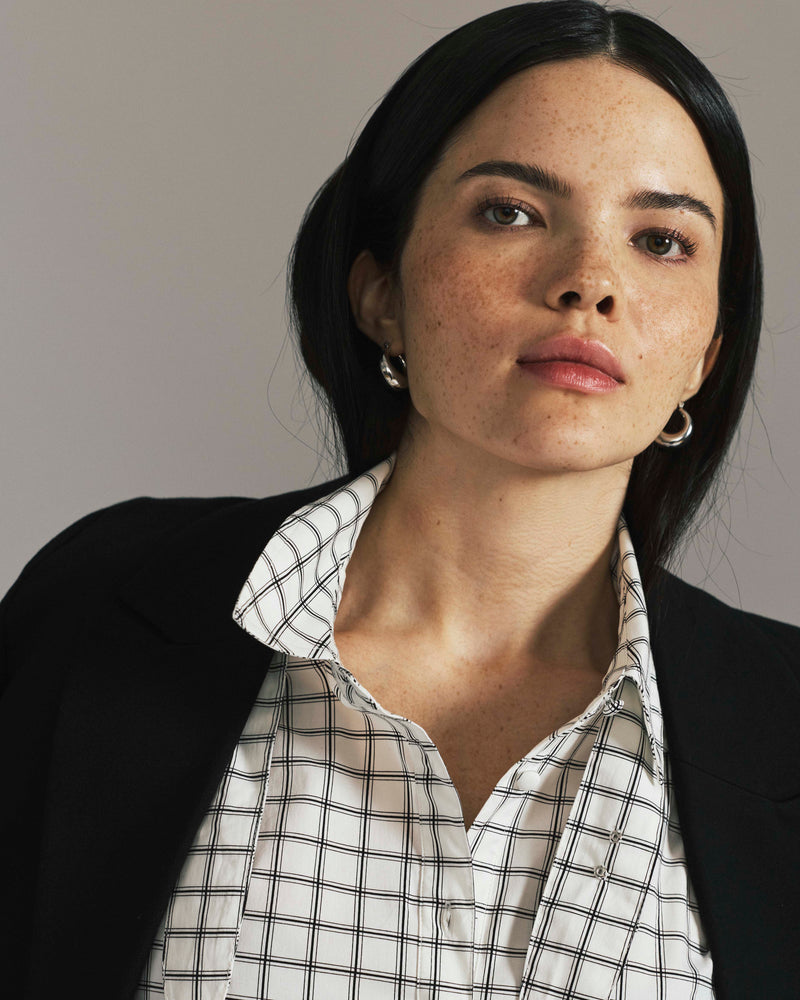 Janet Tie-Neck Cotton Poplin Shirt - White Windowpane Check | Plus Size & Straight Size Women's Fashion | Universal Standard