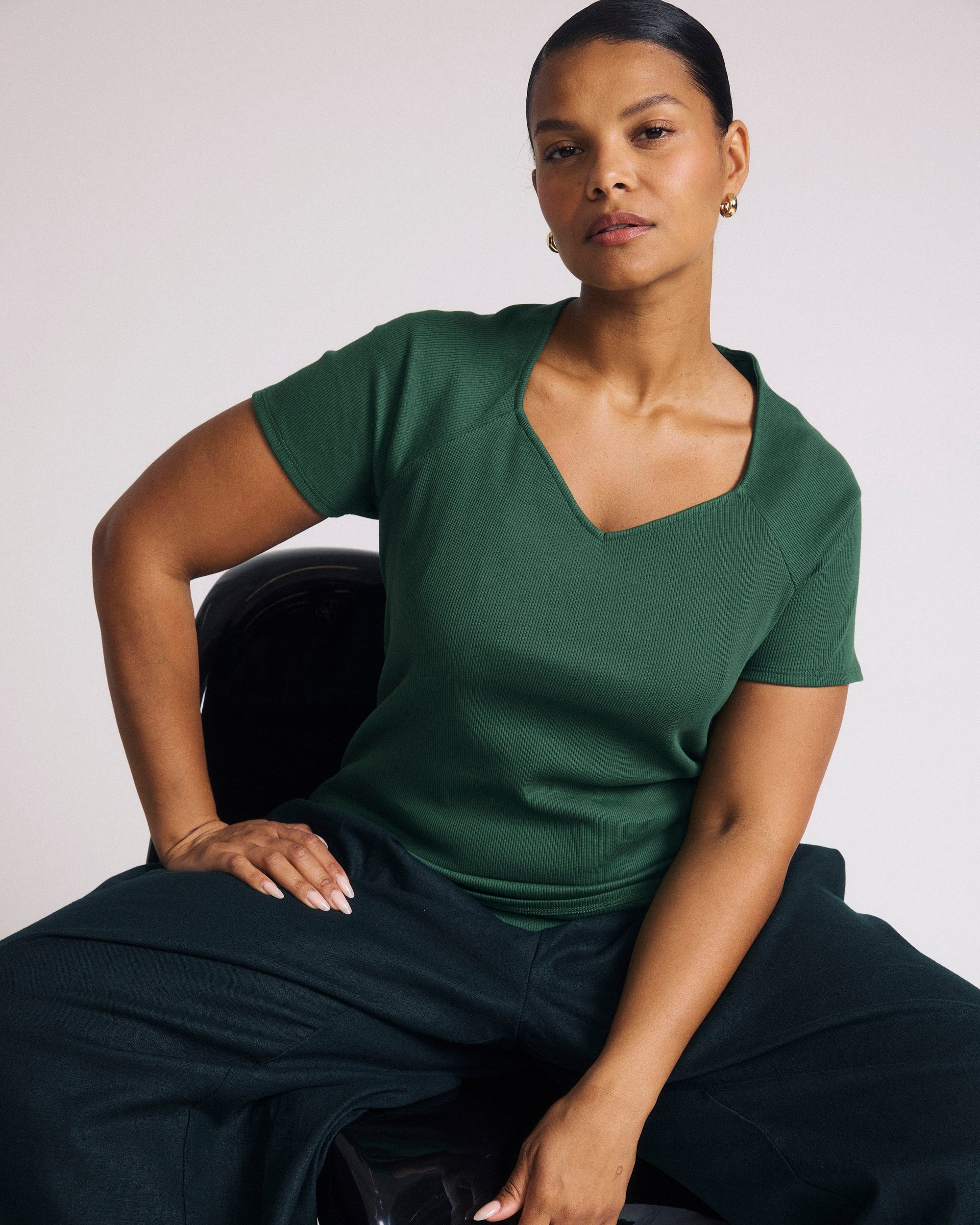 Woman wearing Carey Ribbed Sweetheart Tee - Green Park from Universal Standard