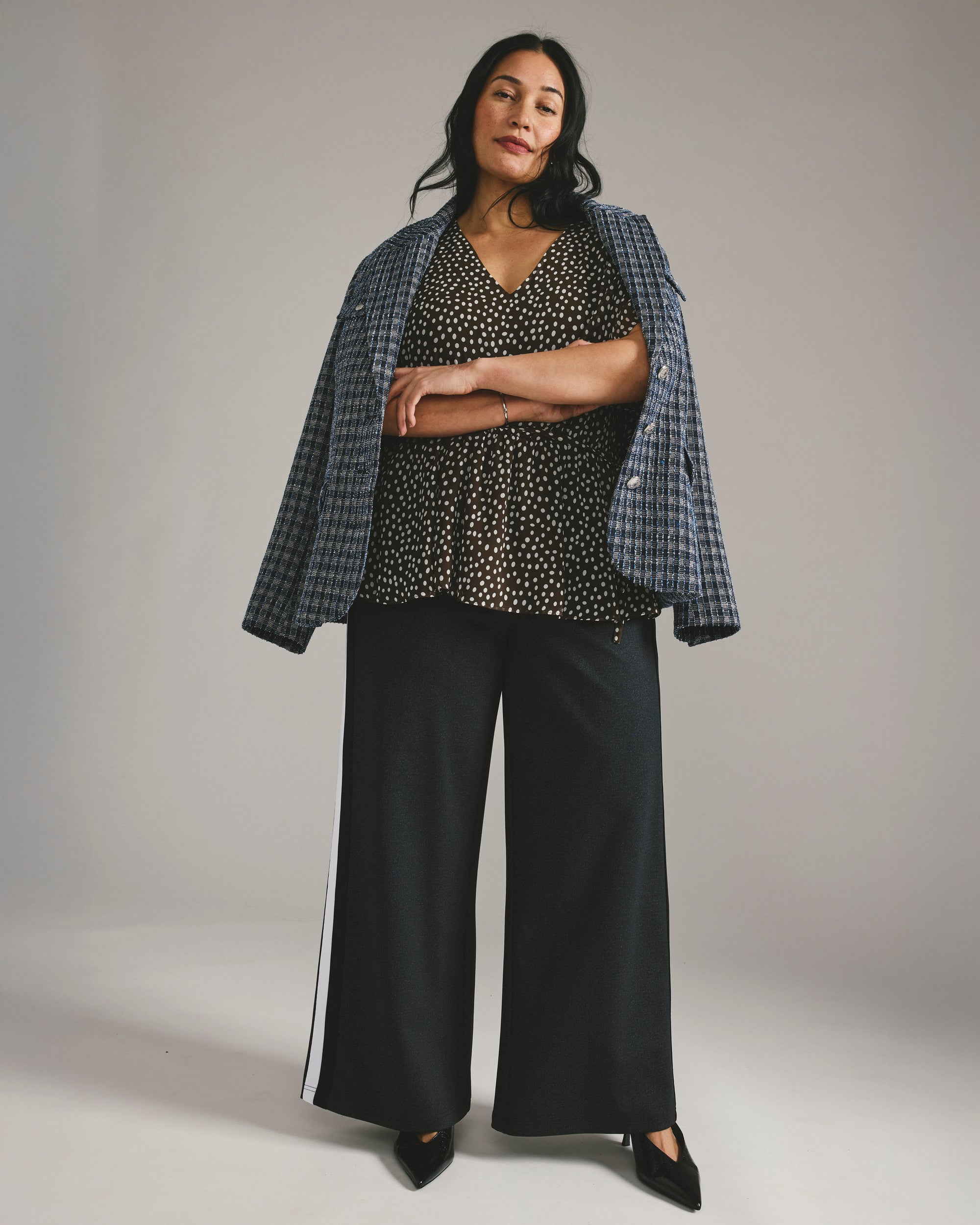 Stephanie Wide Leg Denim Look Stripe Ponte Pants 30 Inch - Charcoal Denim with Black/White Stripe