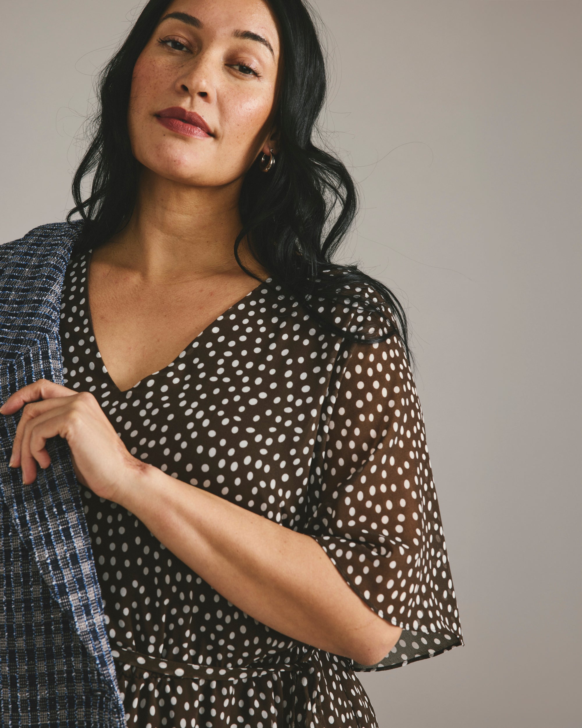 Milou V-Neck Peplum Chiffon Top - Brown/White Dot Print