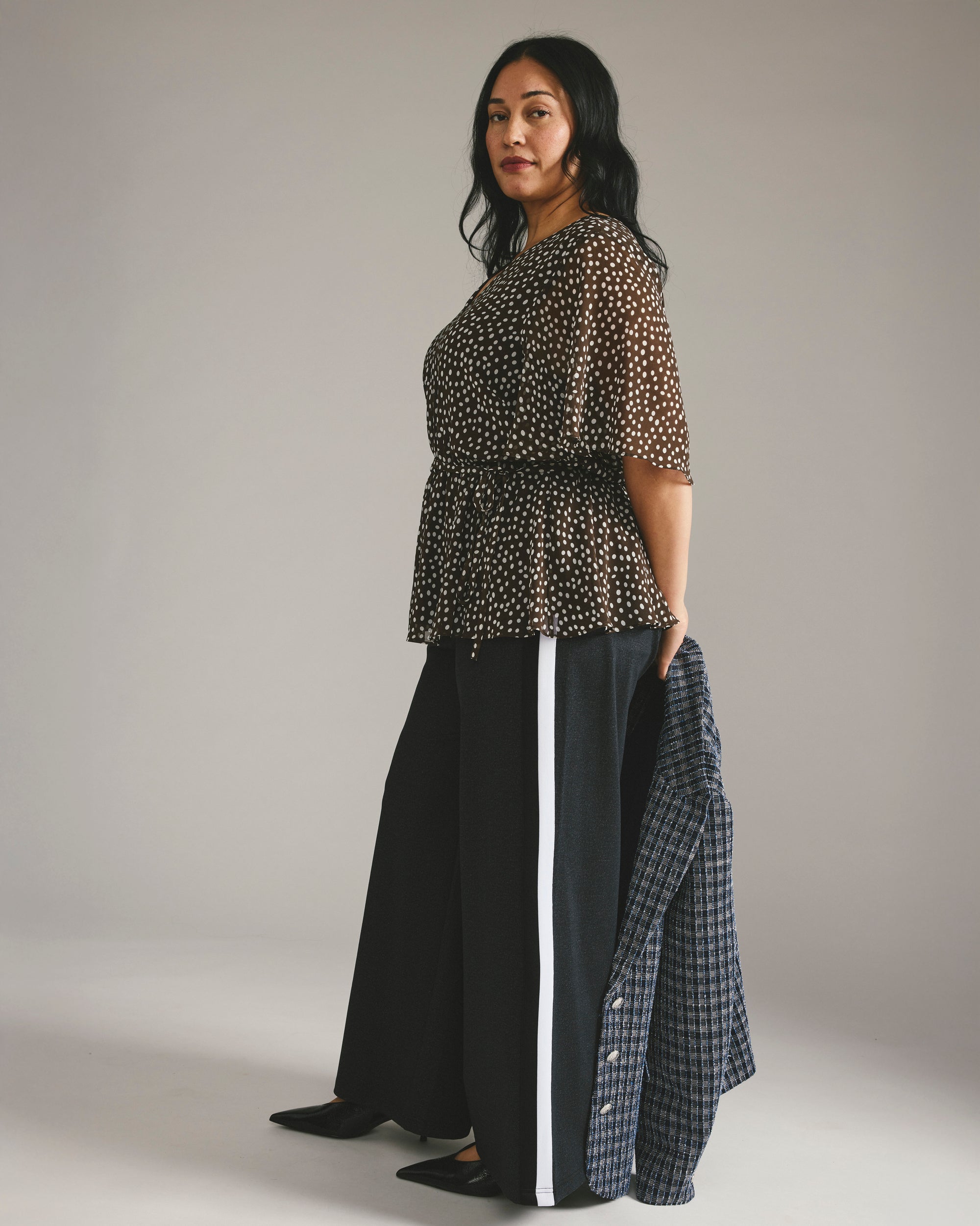 Milou V-Neck Peplum Chiffon Top - Brown/White Dot Print