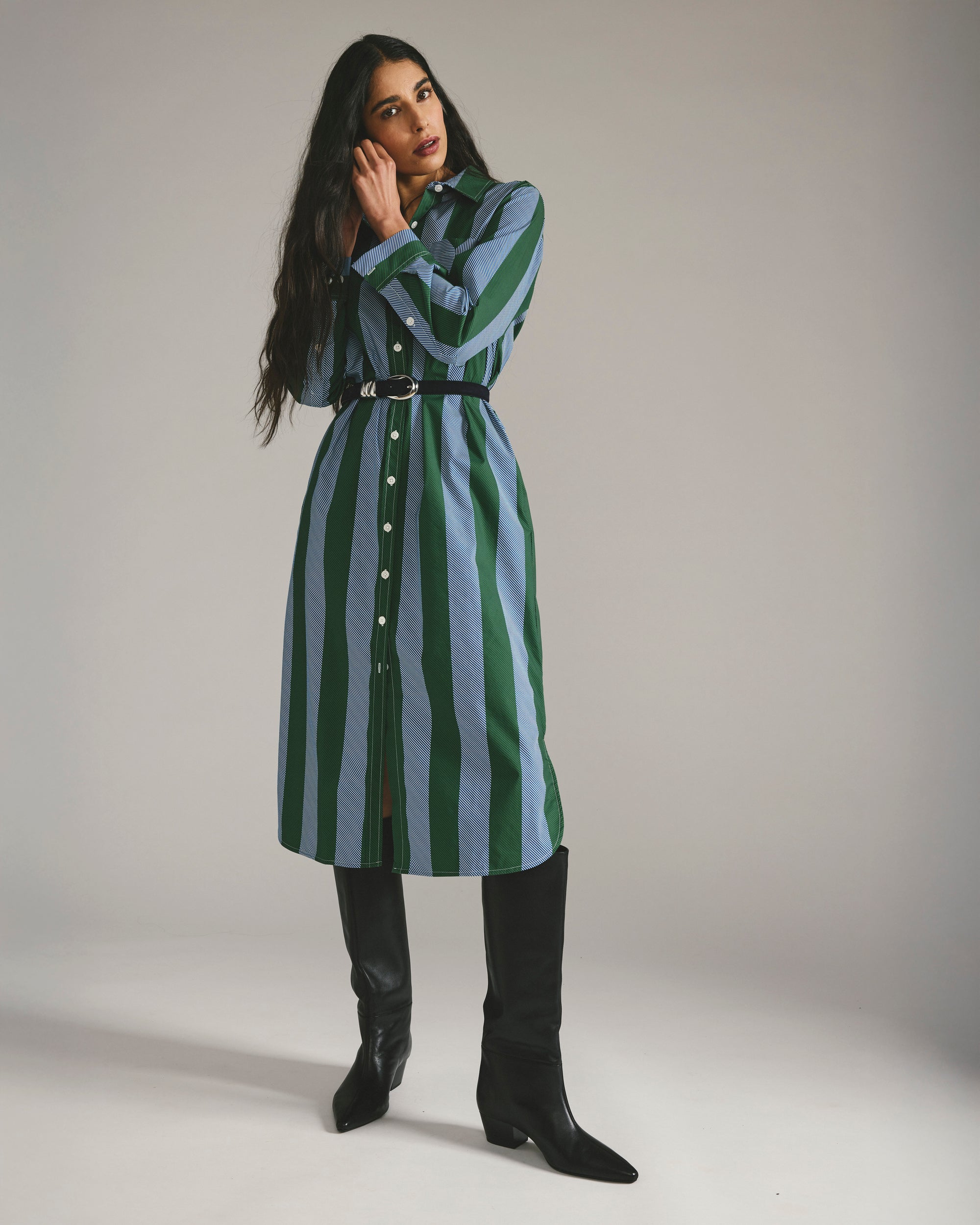 Odeon Stretch Poplin Shirtdress - Green/Blue Directional Stripe