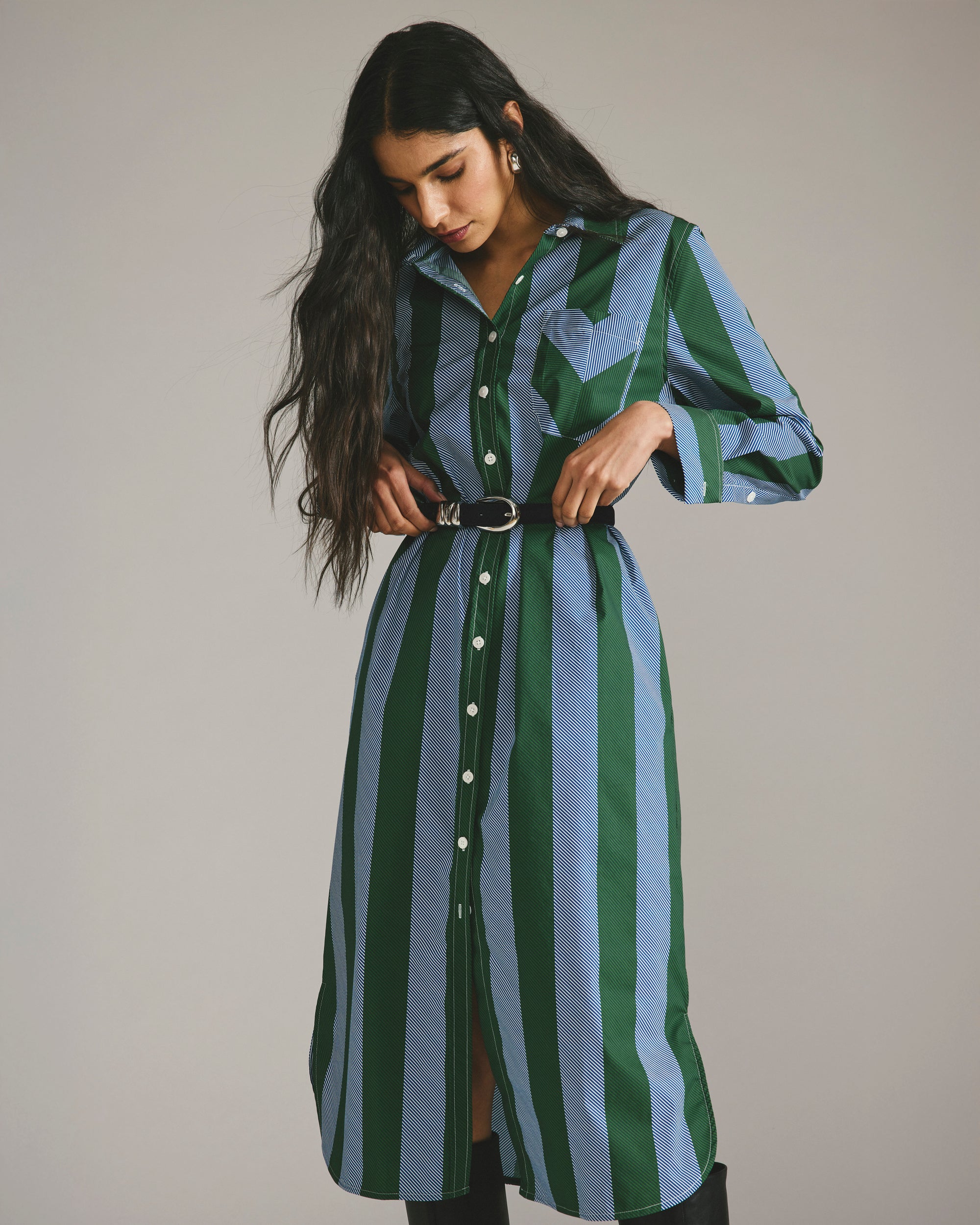 Odeon Stretch Poplin Shirtdress - Green/Blue Directional Stripe