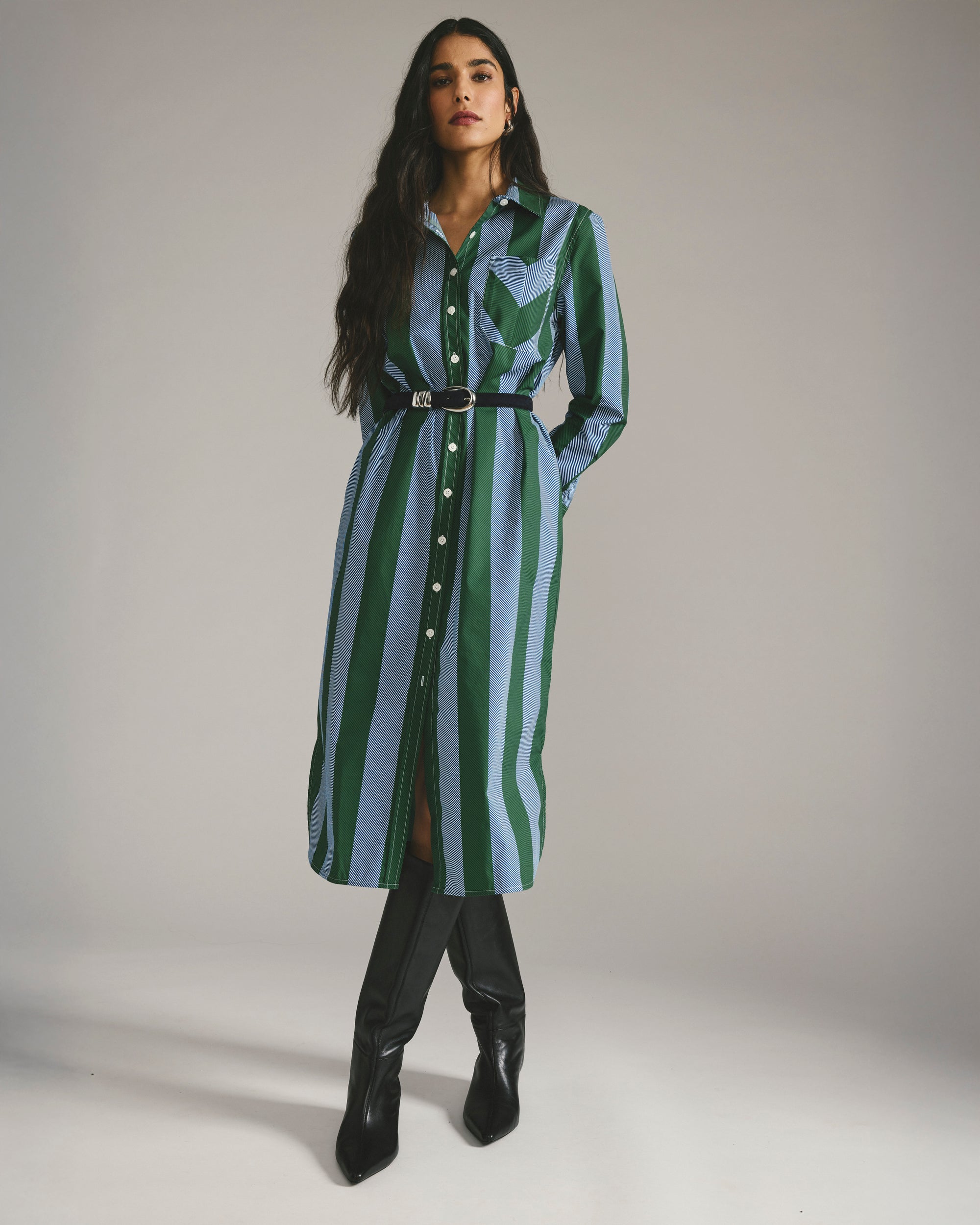 Odeon Stretch Poplin Shirtdress - Green/Blue Directional Stripe