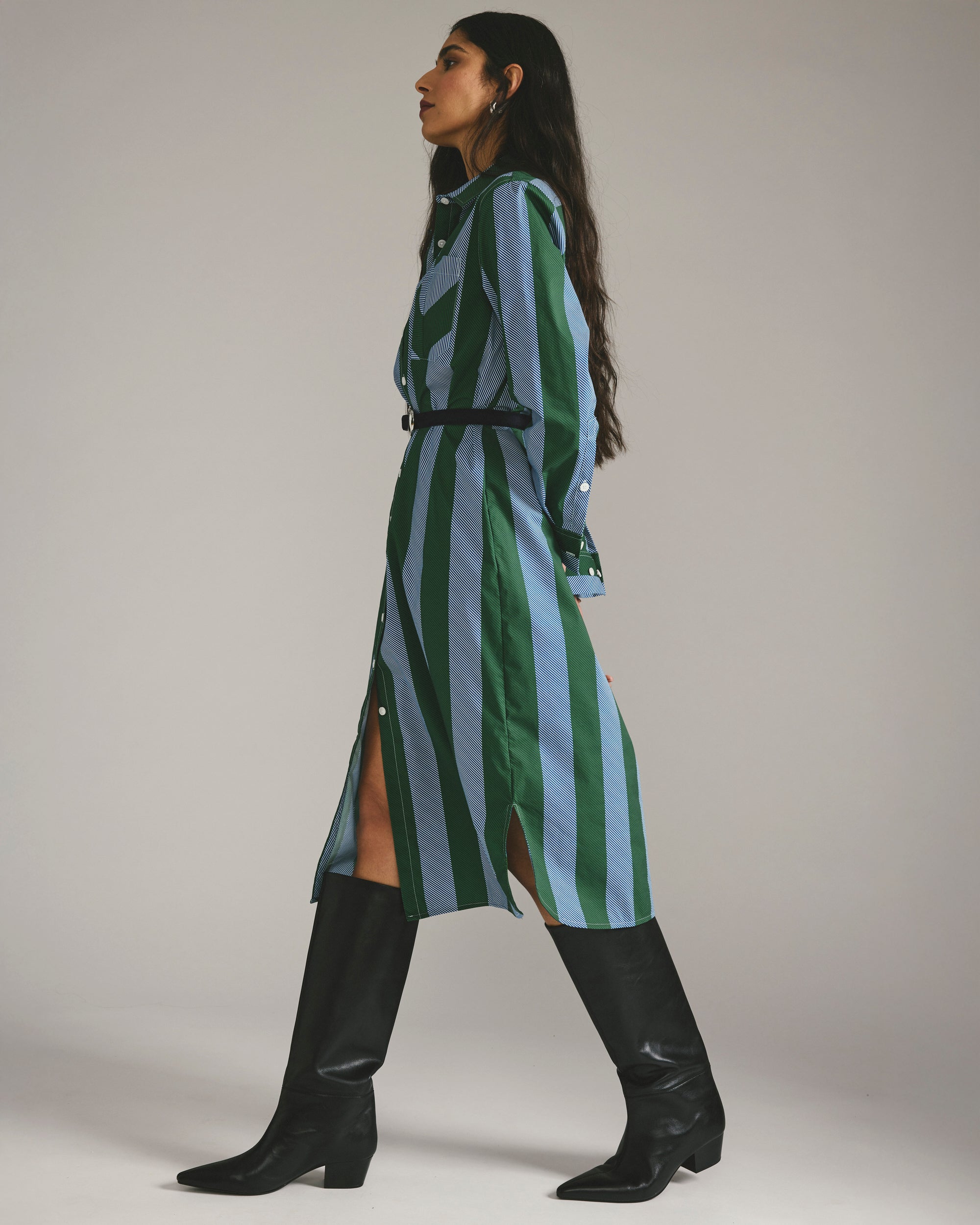 Odeon Stretch Poplin Shirtdress - Green/Blue Directional Stripe