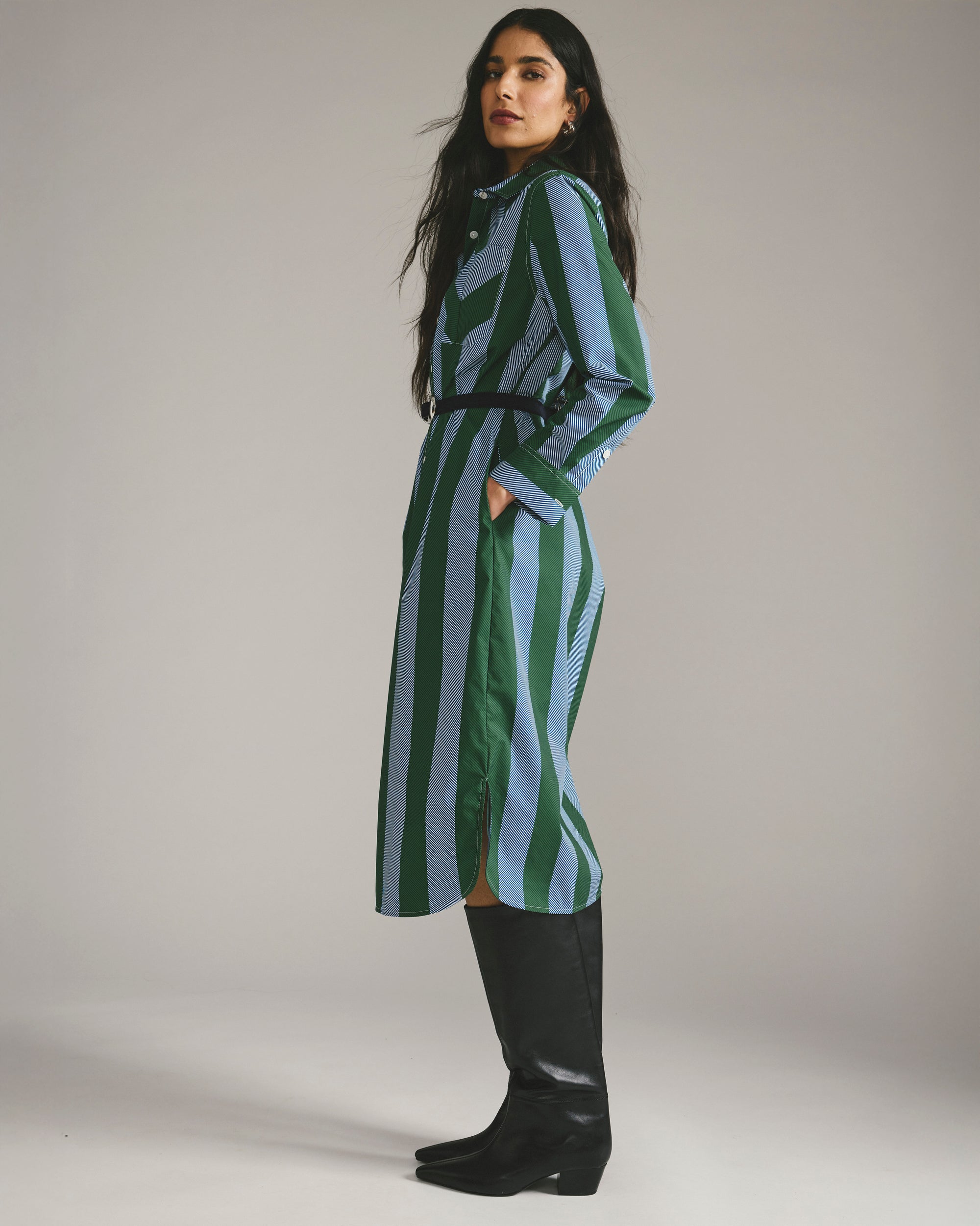 Odeon Stretch Poplin Shirtdress - Green/Blue Directional Stripe