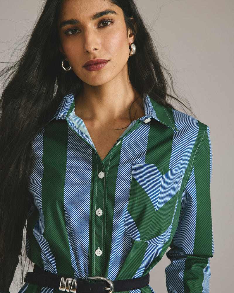 Odeon Stretch Poplin Shirtdress - Green/Blue Directional Stripe