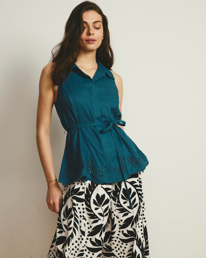 Adelaide Embroidered Sleeveless Linen Shirt - Ink Blue | Plus Size & Straight Size Women's Fashion | Universal Standard