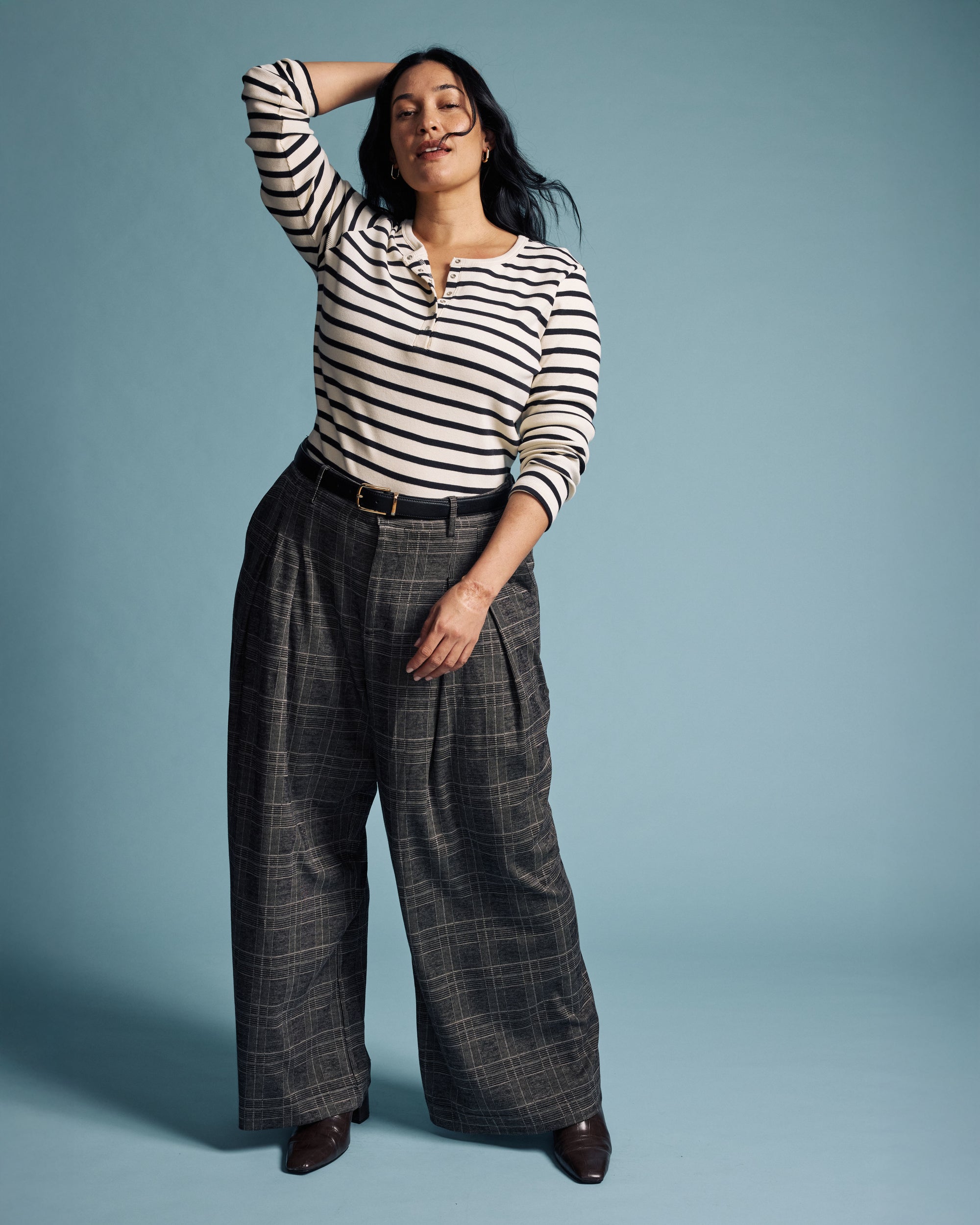 Henley Long Sleeve Ribbed Tee - Ecru/Black Stripe