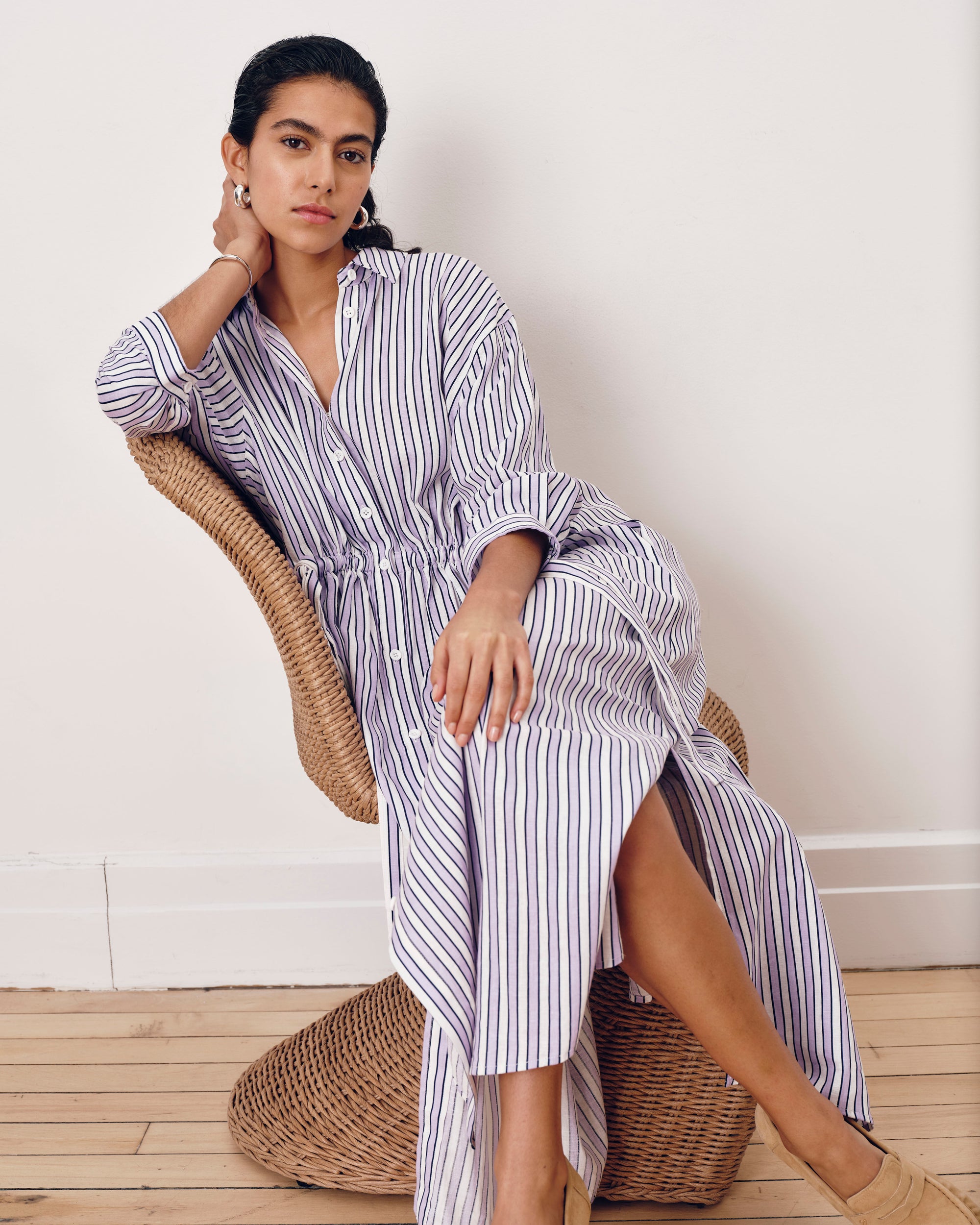 Paros Drawstring Linen Blend Shirtdress - Lilac Stripe Print | Plus Size & Straight Size Women's Fashion | Universal Standard