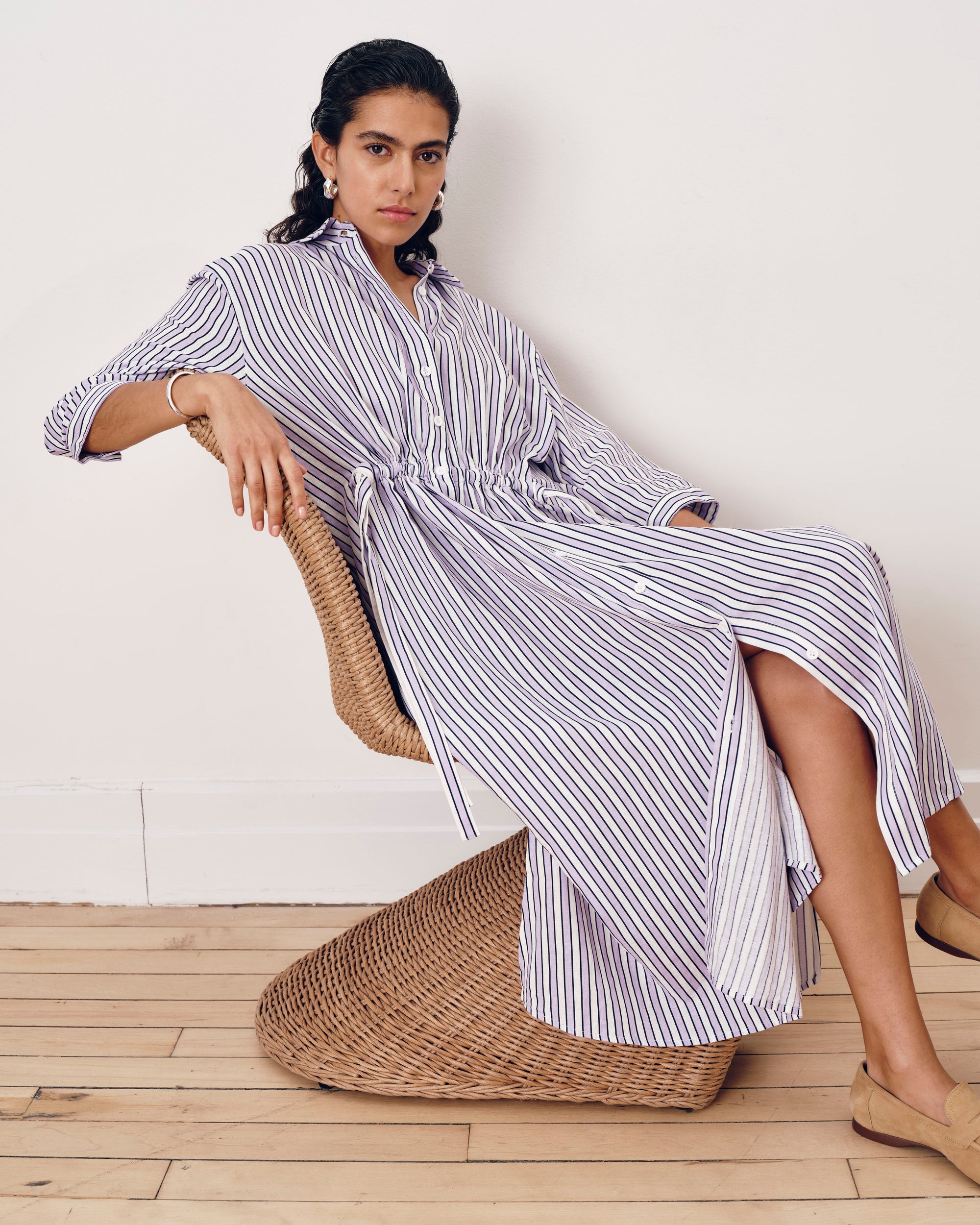 Paros Drawstring Linen Blend Shirtdress - Lilac Stripe Print | Plus Size & Straight Size Women's Fashion | Universal Standard