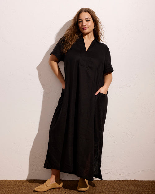 Padma Polo Neck Linen Blend Dress - Black | Plus Size & Straight Size Women's Fashion | Universal Standard