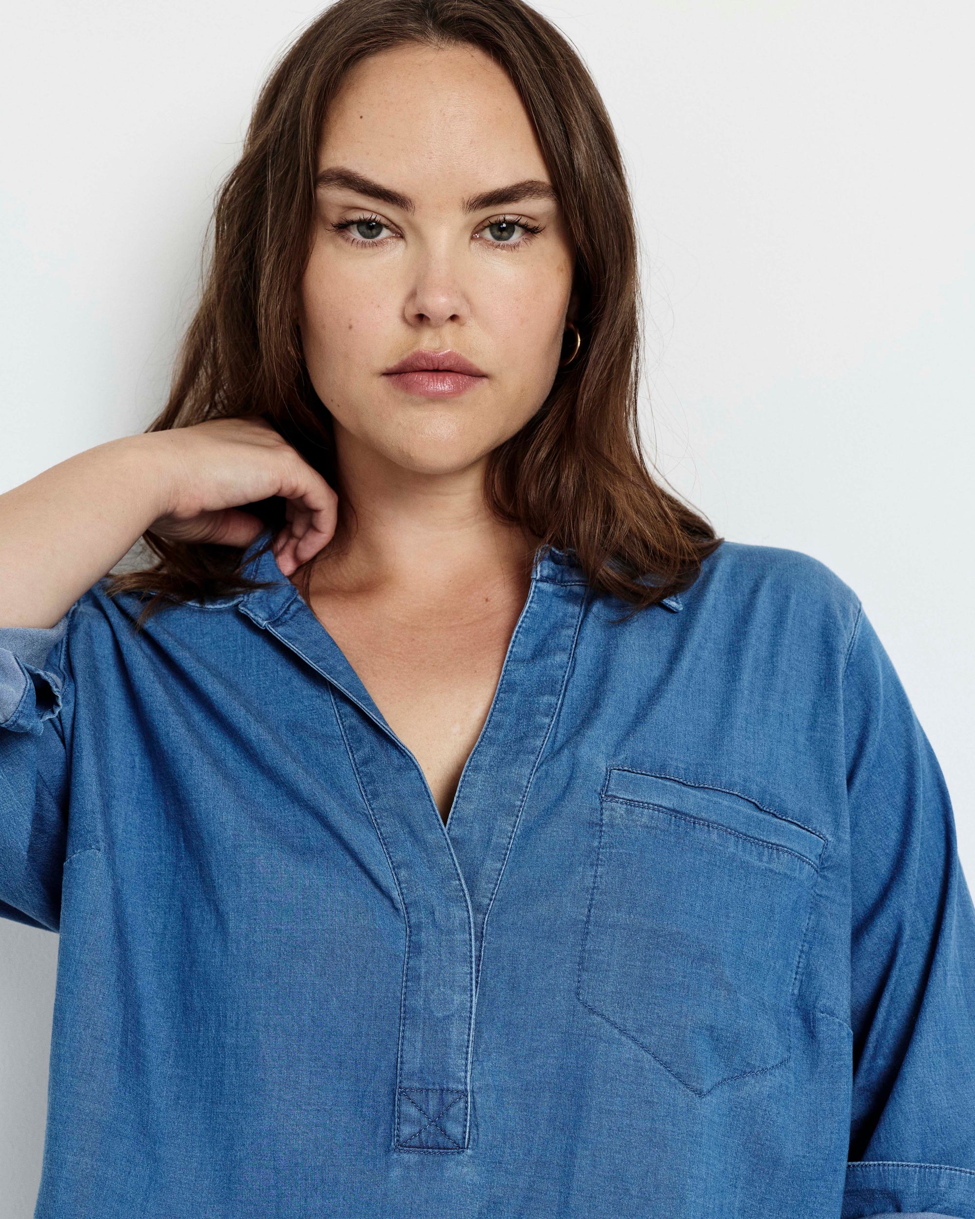 Button Back Tencel Chambray Shirt - Cove Blue | Plus Size & Straight Size Women's Fashion | Universal Standard