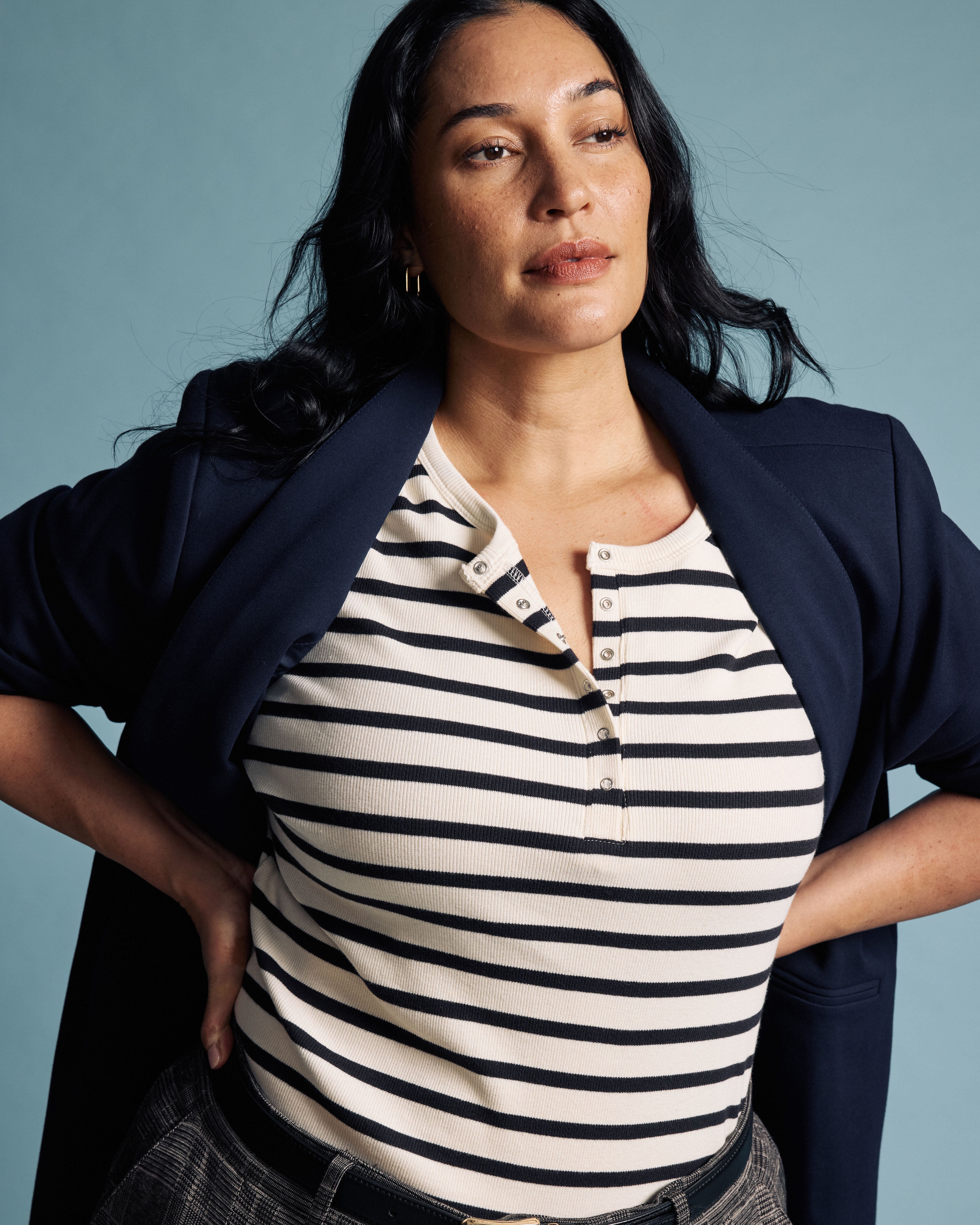 Henley Long Sleeve Ribbed Tee - Ecru/Black Stripe