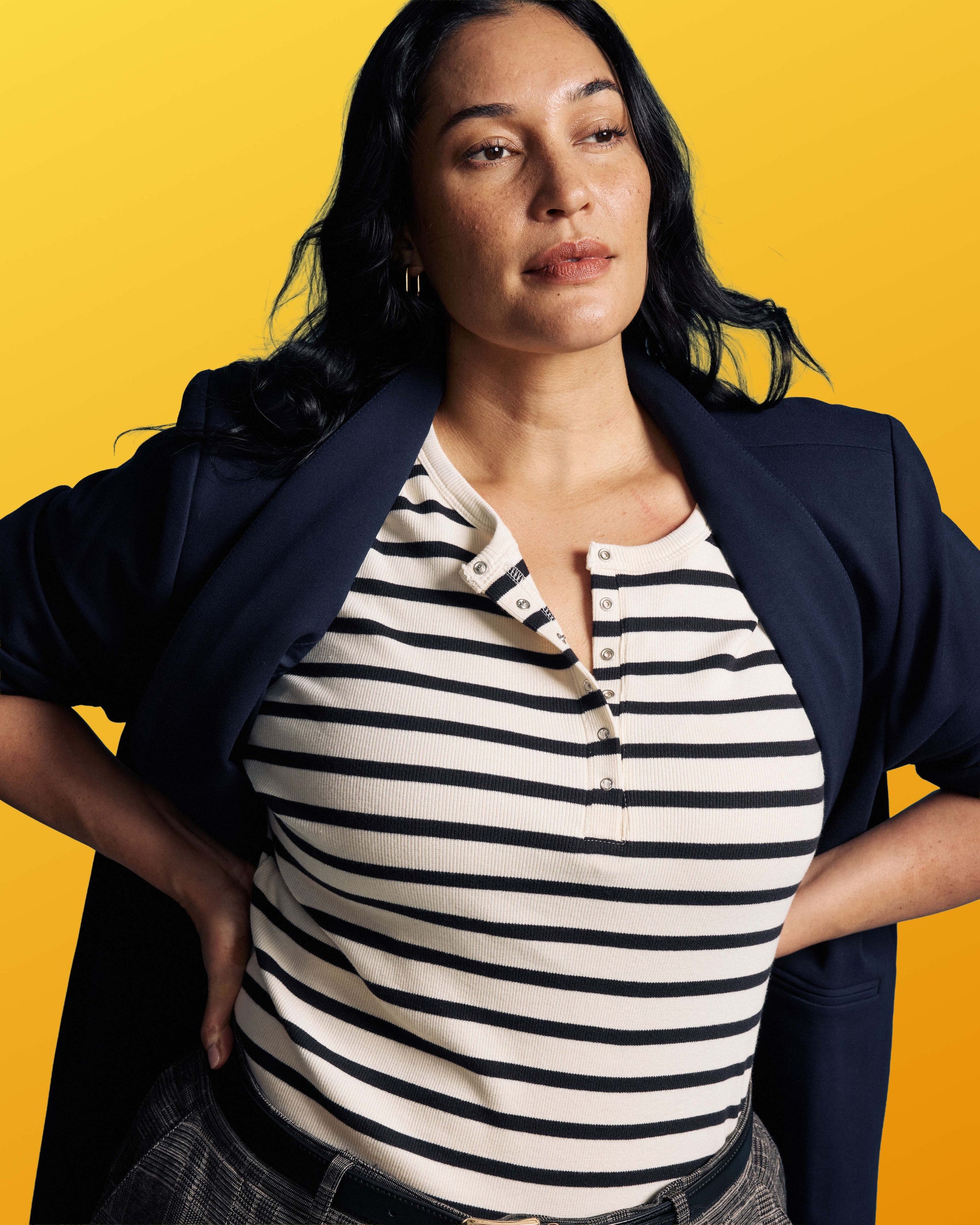 Henley Long Sleeve Ribbed Tee - Ecru/Black Stripe | Plus Size & Straight Size Women's Fashion | Universal Standard