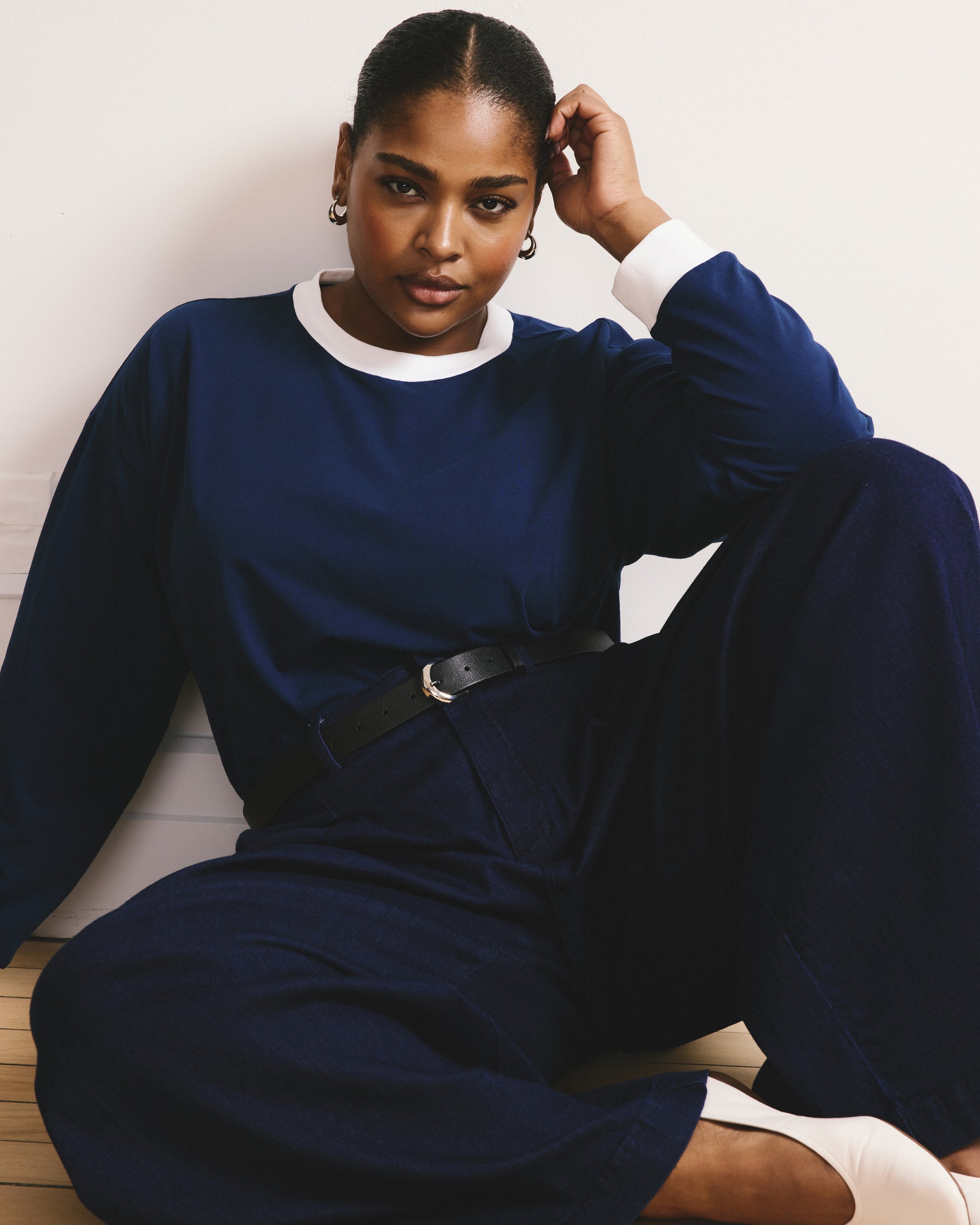 Long Sleeve Relaxed Tee - Pageant Blue/White Trim