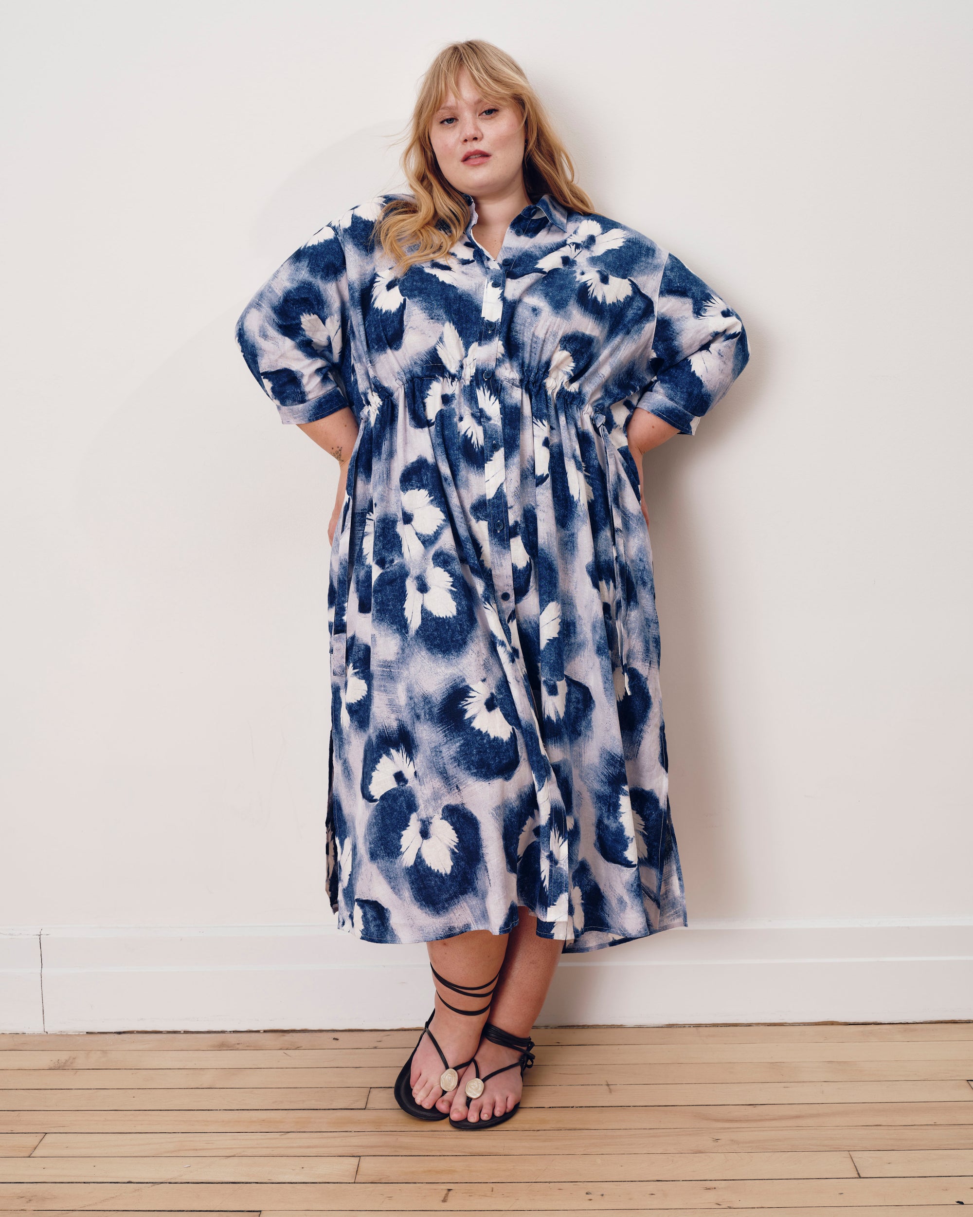 Paros Drawstring Linen Blend Shirtdress - Blue Pressed Flower Print | Plus Size & Straight Size Women's Fashion | Universal Standard