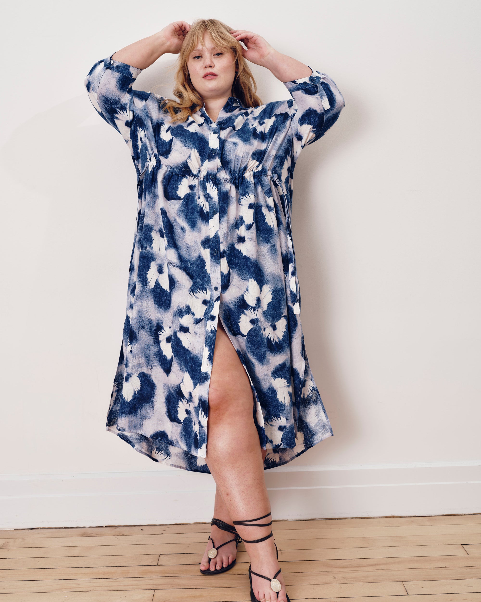 Paros Drawstring Linen Blend Shirtdress - Blue Pressed Flower Print | Plus Size & Straight Size Women's Fashion | Universal Standard