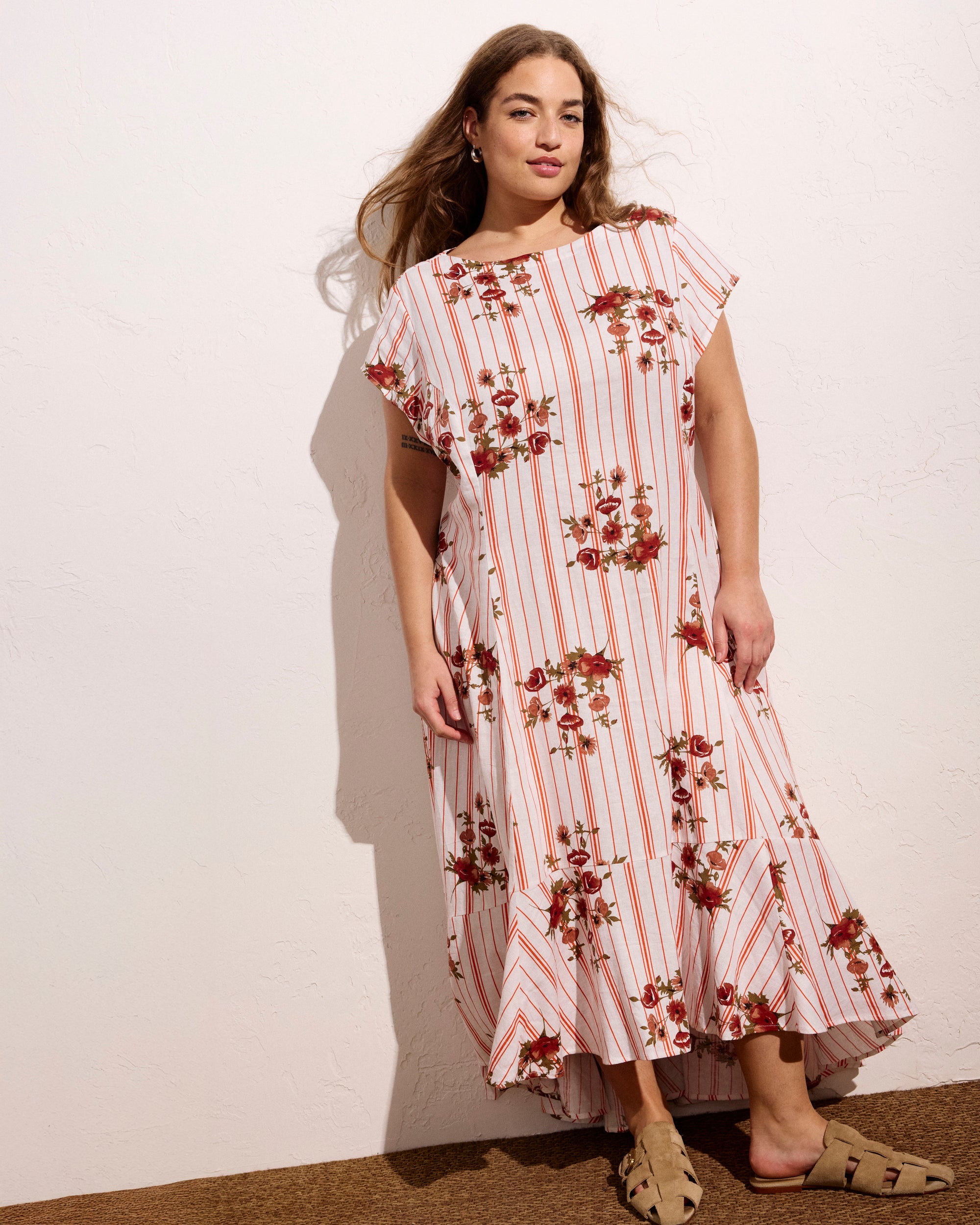Sunset Linen Flounce Dress - Wild Flower Bouquet Print on Stripes | Plus Size & Straight Size Women's Fashion | Universal Standard