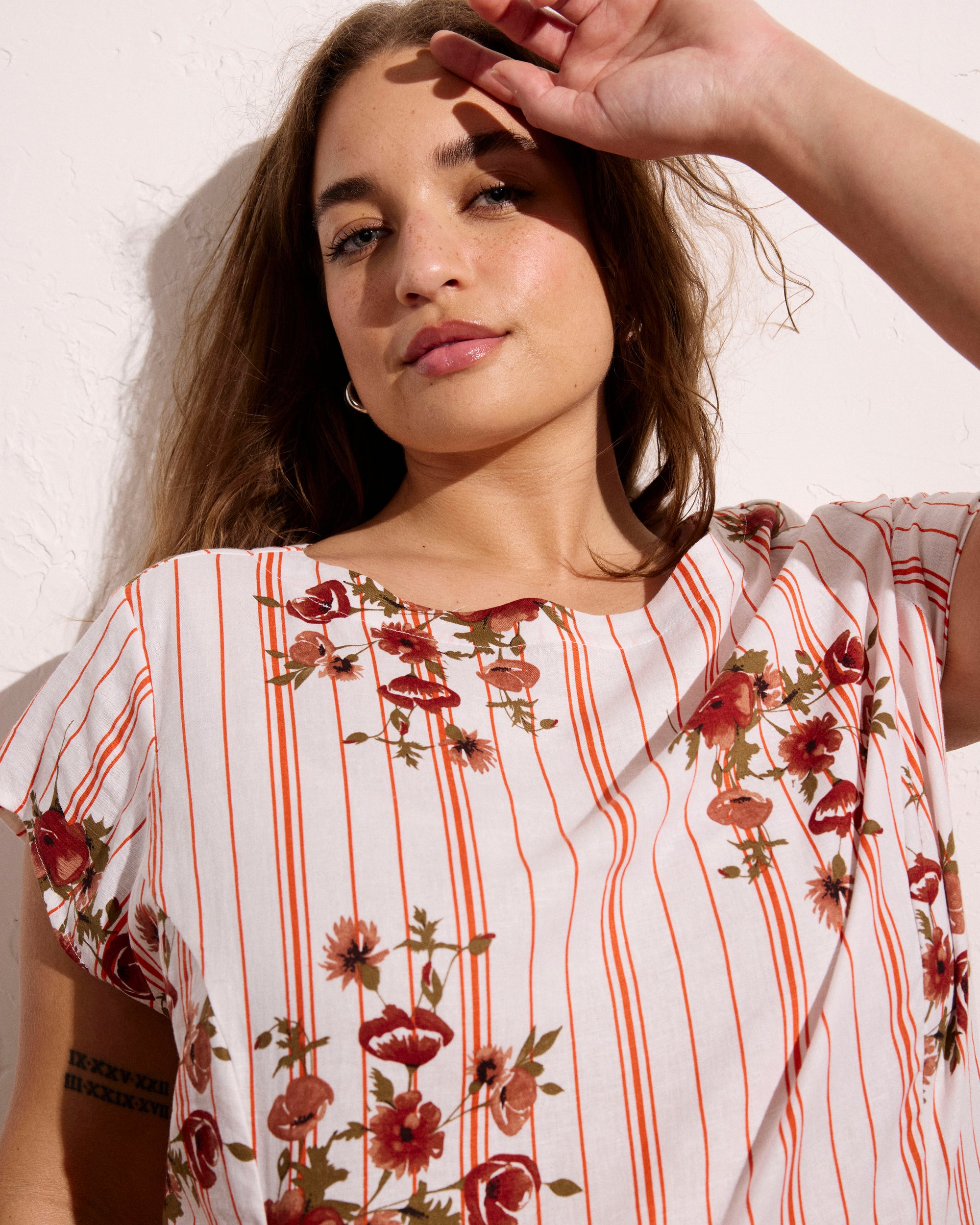 Sunset Linen Flounce Dress - Wild Flower Bouquet Print on Stripes | Plus Size & Straight Size Women's Fashion | Universal Standard