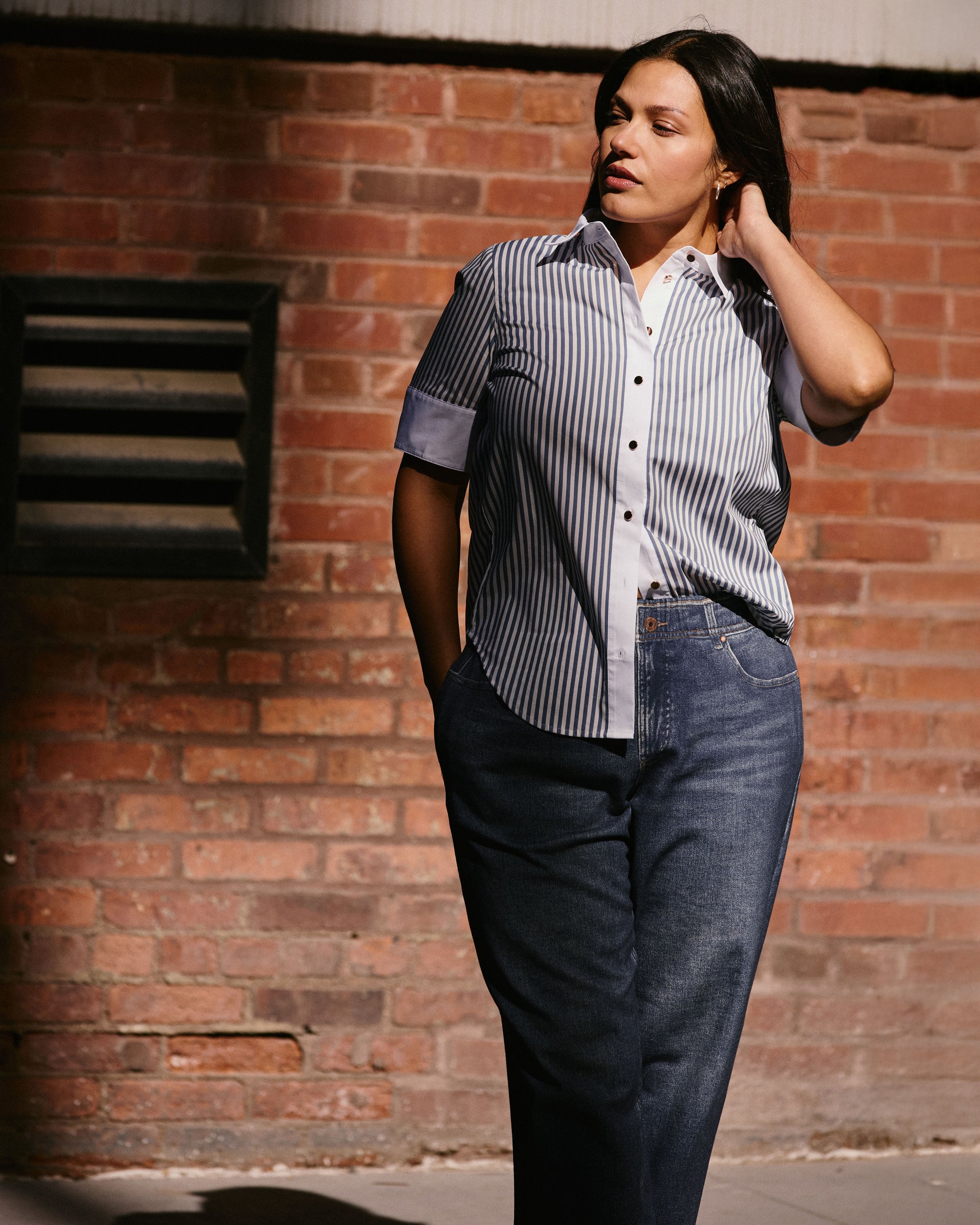 Elbe Stretch Poplin Short Sleeve Shirt - Blue Stripe with Contrast White