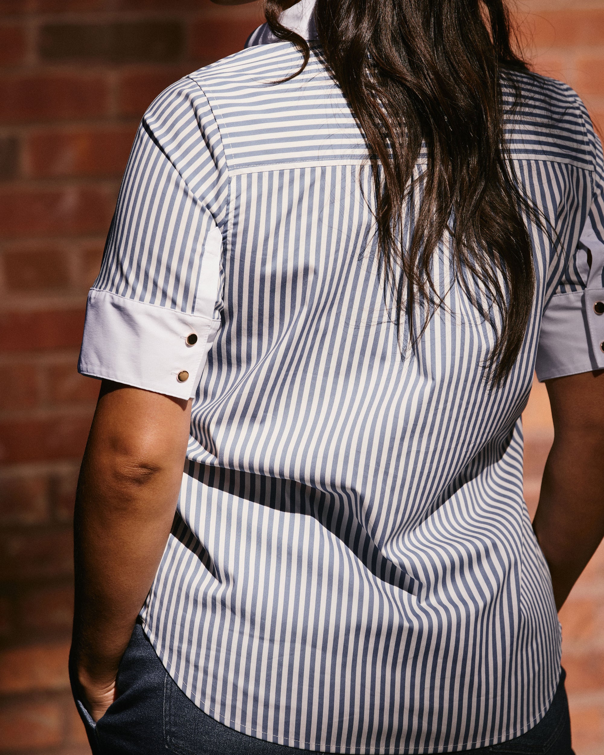 Elbe Stretch Poplin Short Sleeve Shirt - Blue Stripe with Contrast White