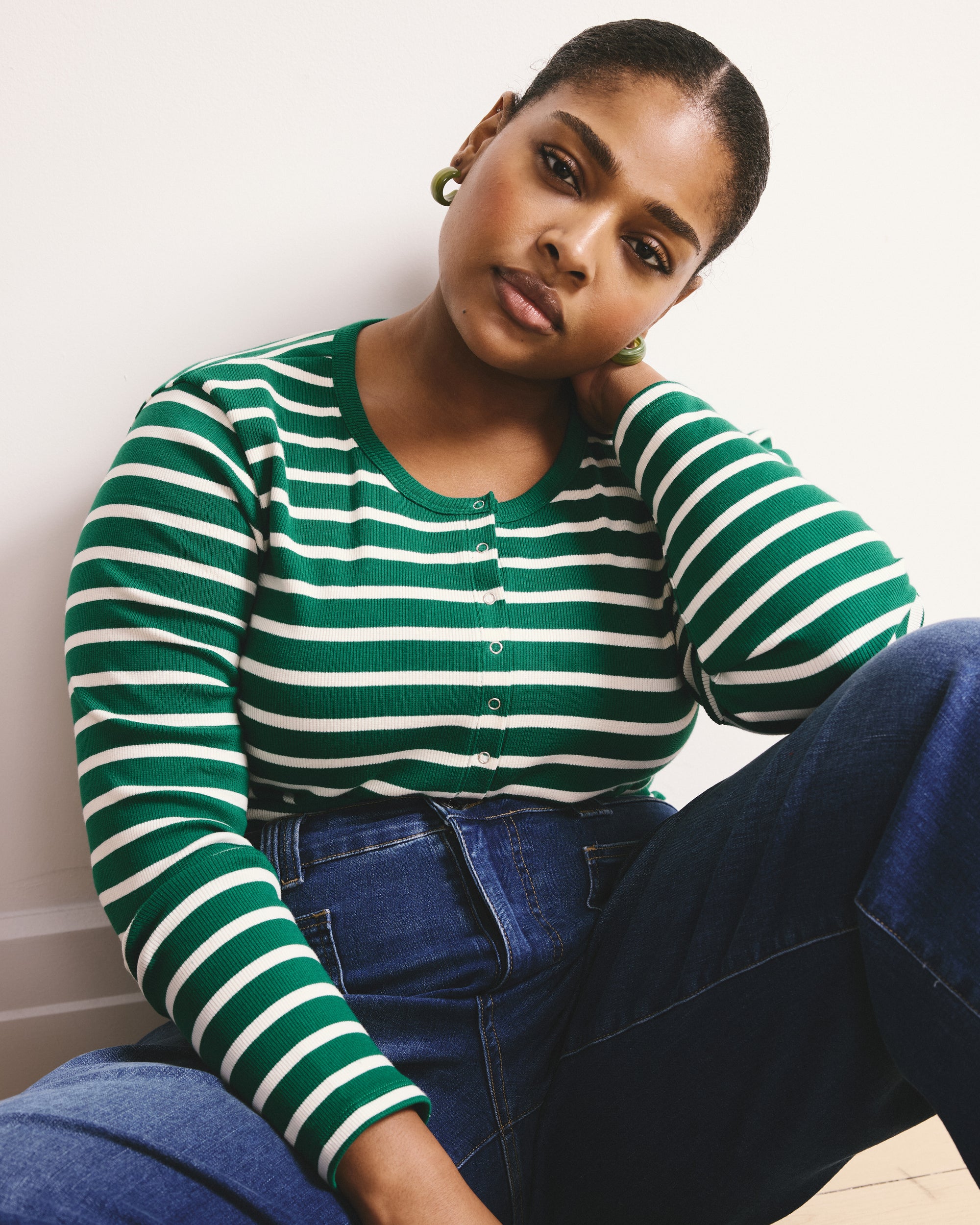 Henley Long Sleeve Ribbed Tee - Aventurine/Ecru Stripe