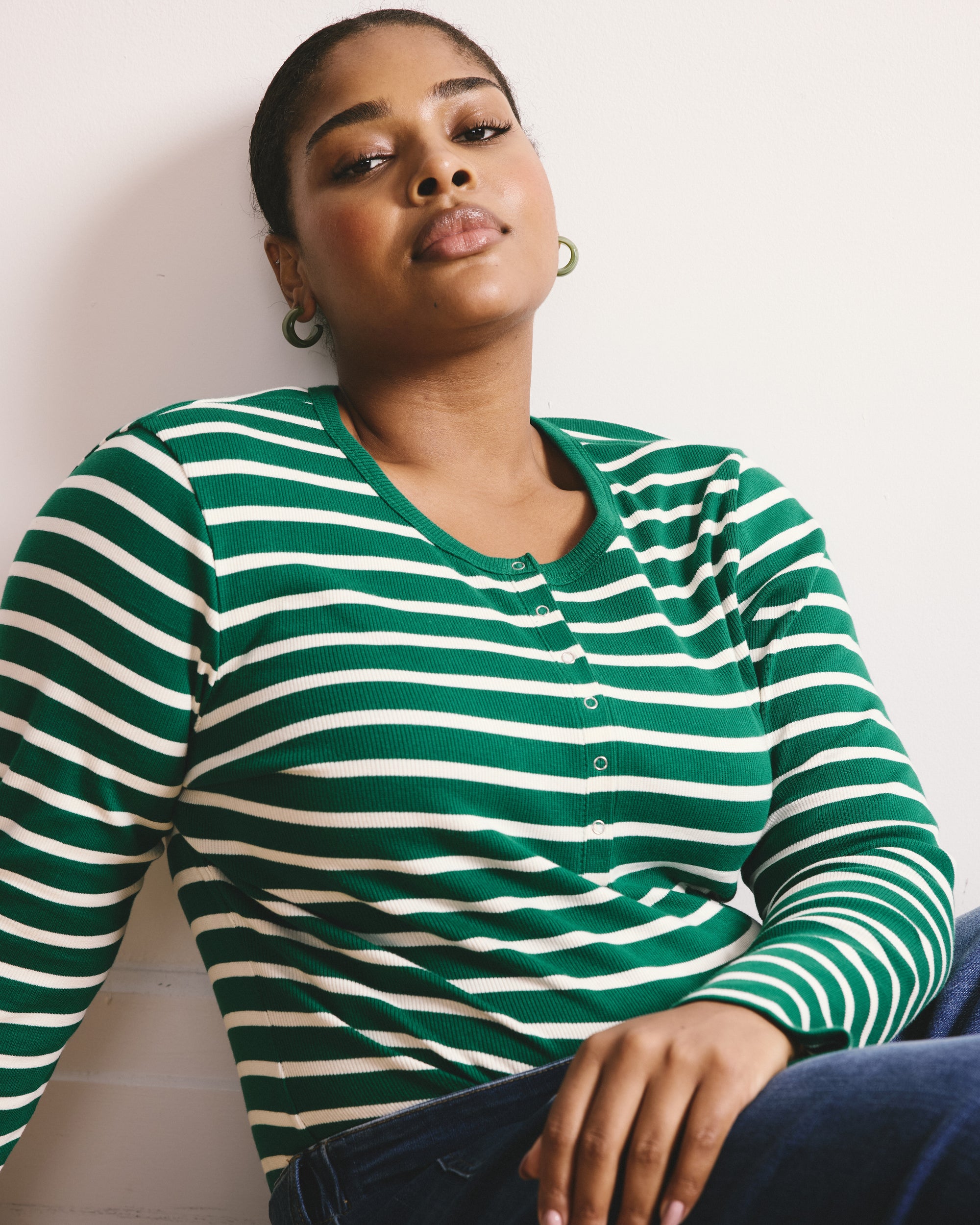 Henley Long Sleeve Ribbed Tee - Aventurine/Ecru Stripe