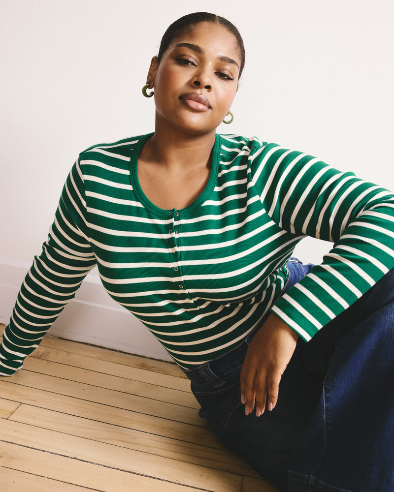 Henley Long Sleeve Ribbed Tee - Aventurine/Ecru Stripe