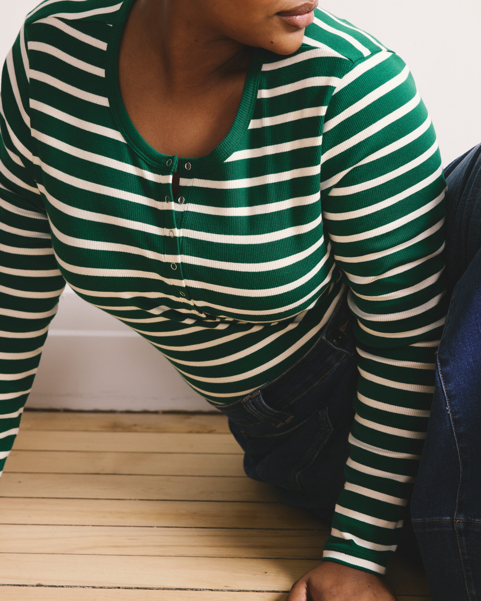 Henley Long Sleeve Ribbed Tee - Aventurine/Ecru Stripe