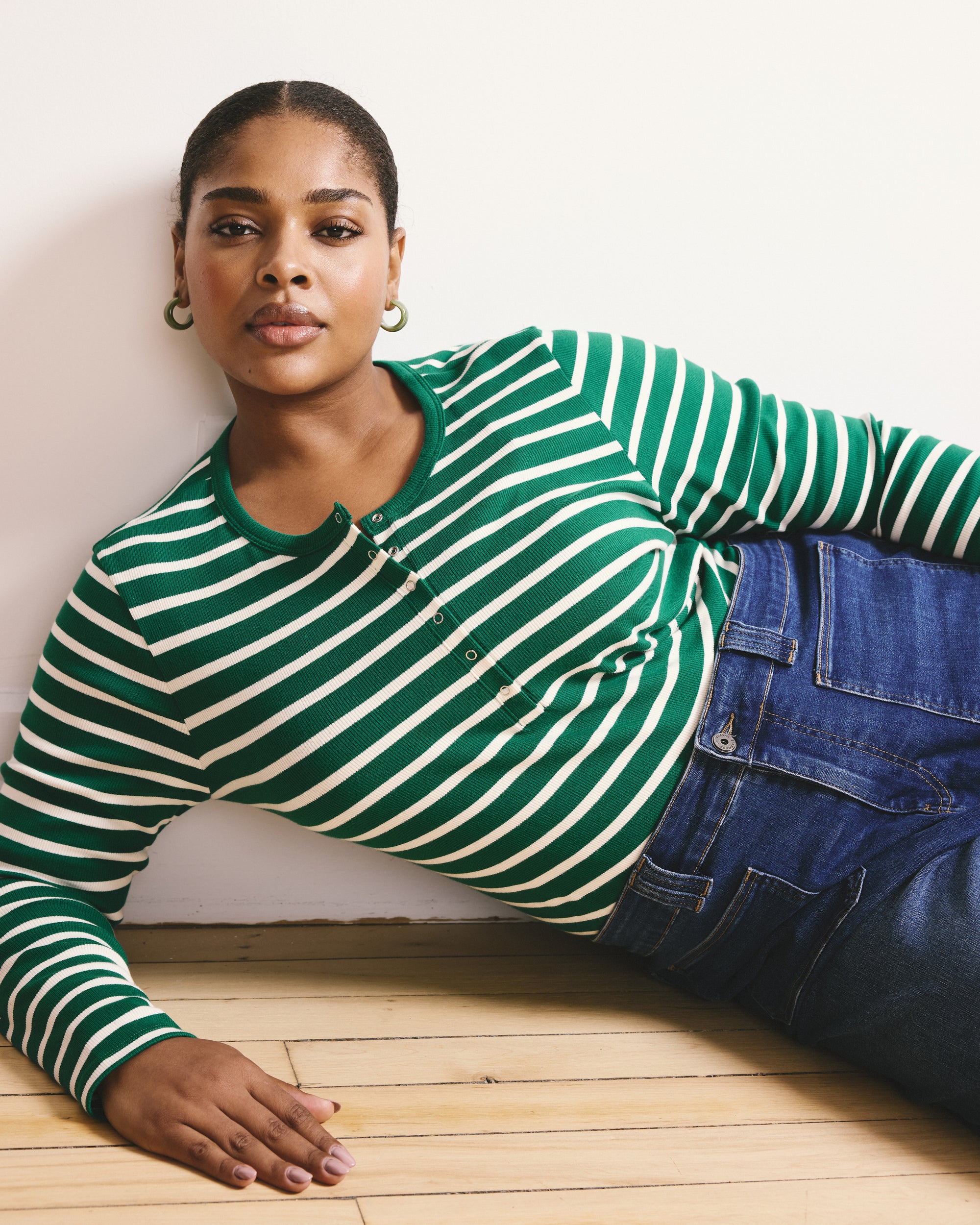 Henley Long Sleeve Ribbed Tee - Aventurine/Ecru Stripe