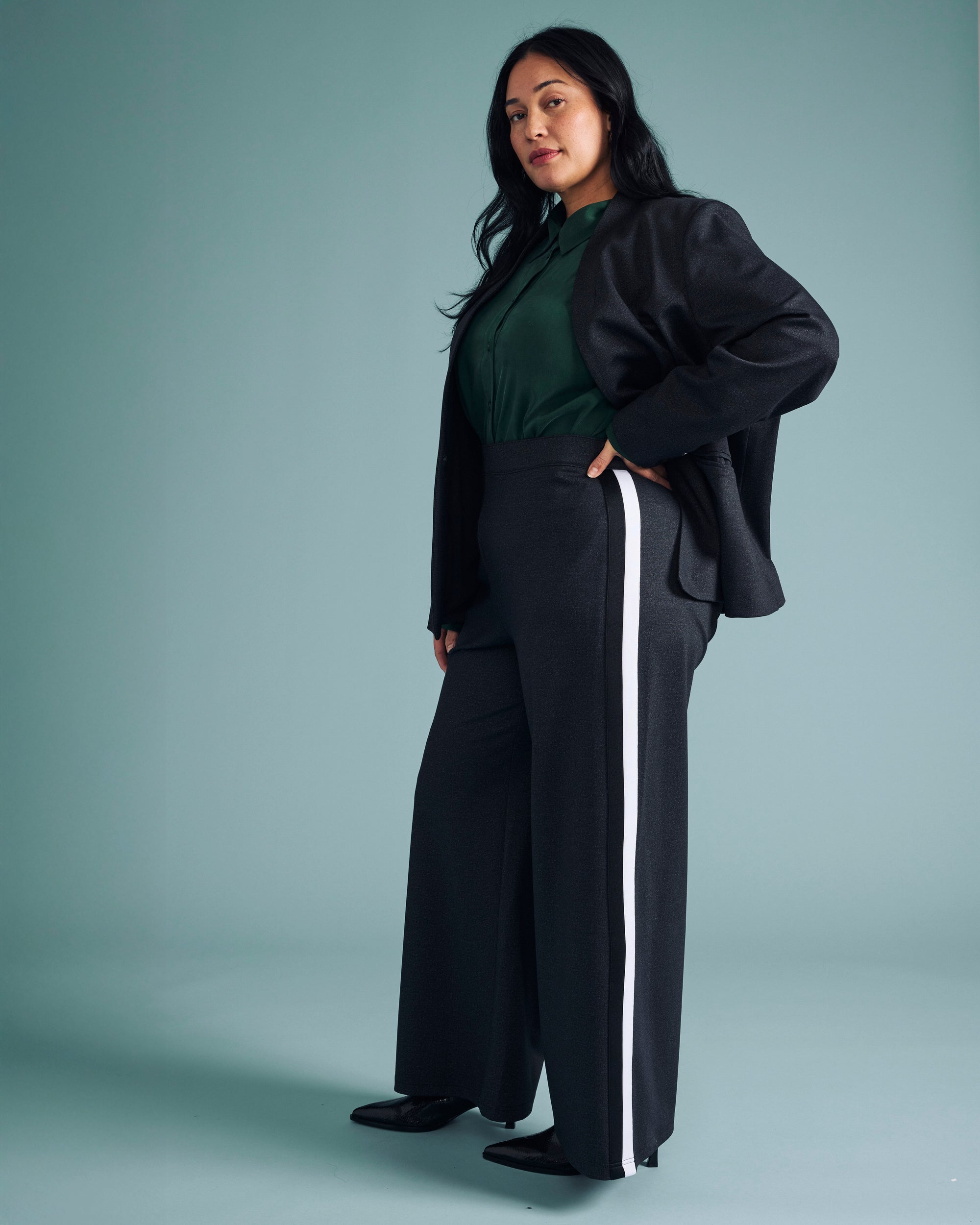 Stephanie Wide Leg Denim Look Stripe Ponte Pants 30 Inch - Charcoal Denim with Black/White Stripe