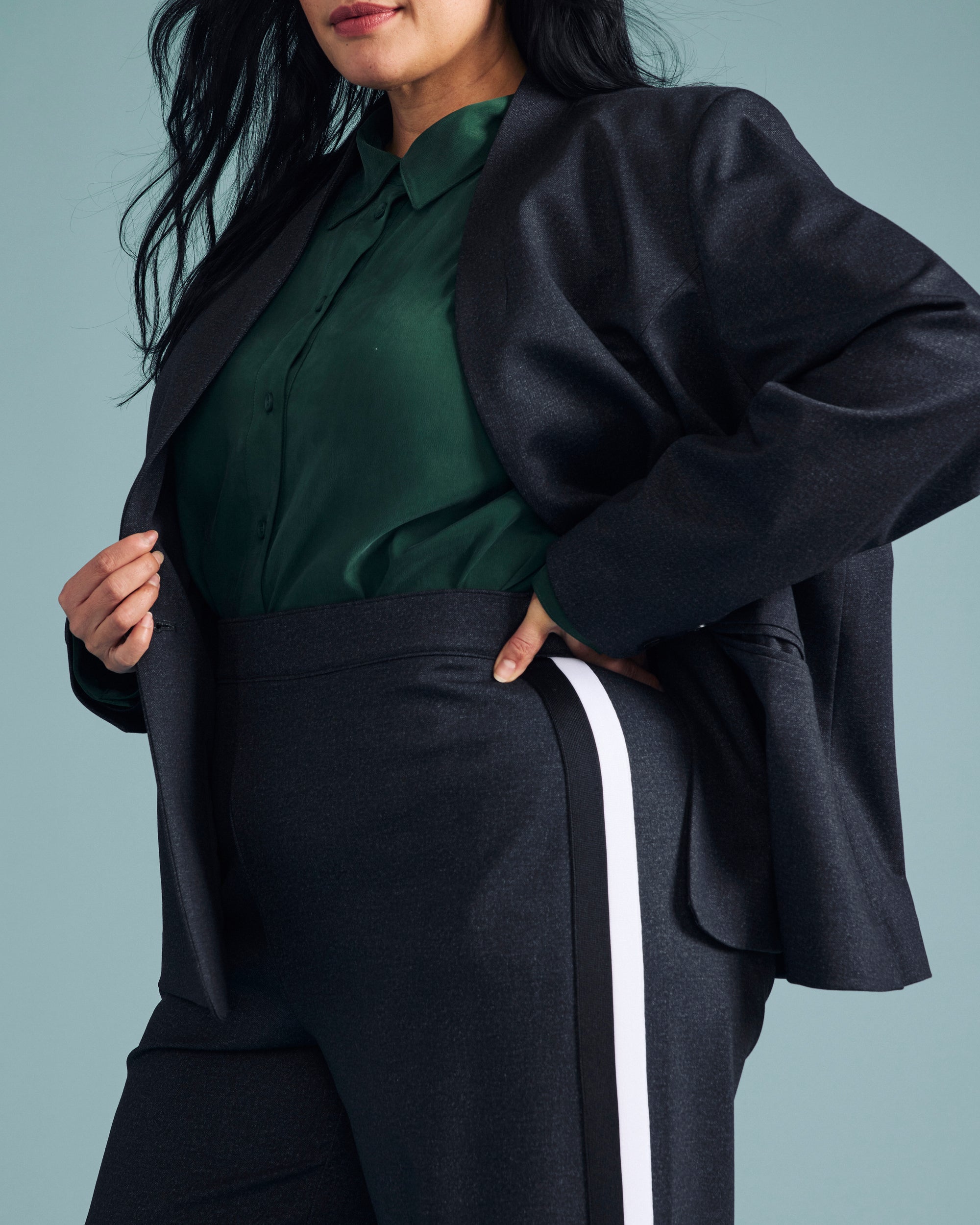 Stephanie Wide Leg Denim Look Stripe Ponte Pants 30 Inch - Charcoal Denim with Black/White Stripe